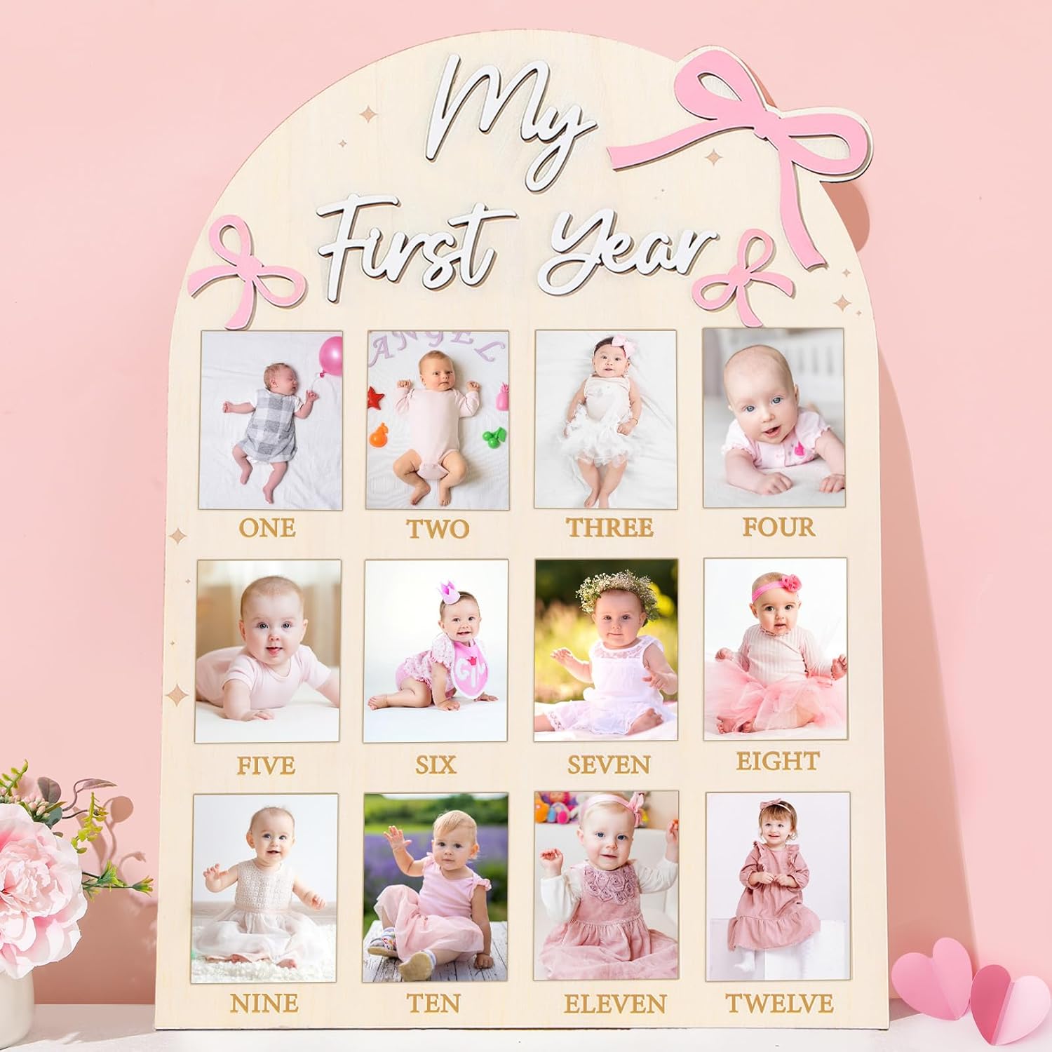 Pink Bow First Year Milestone Photo Board Decor