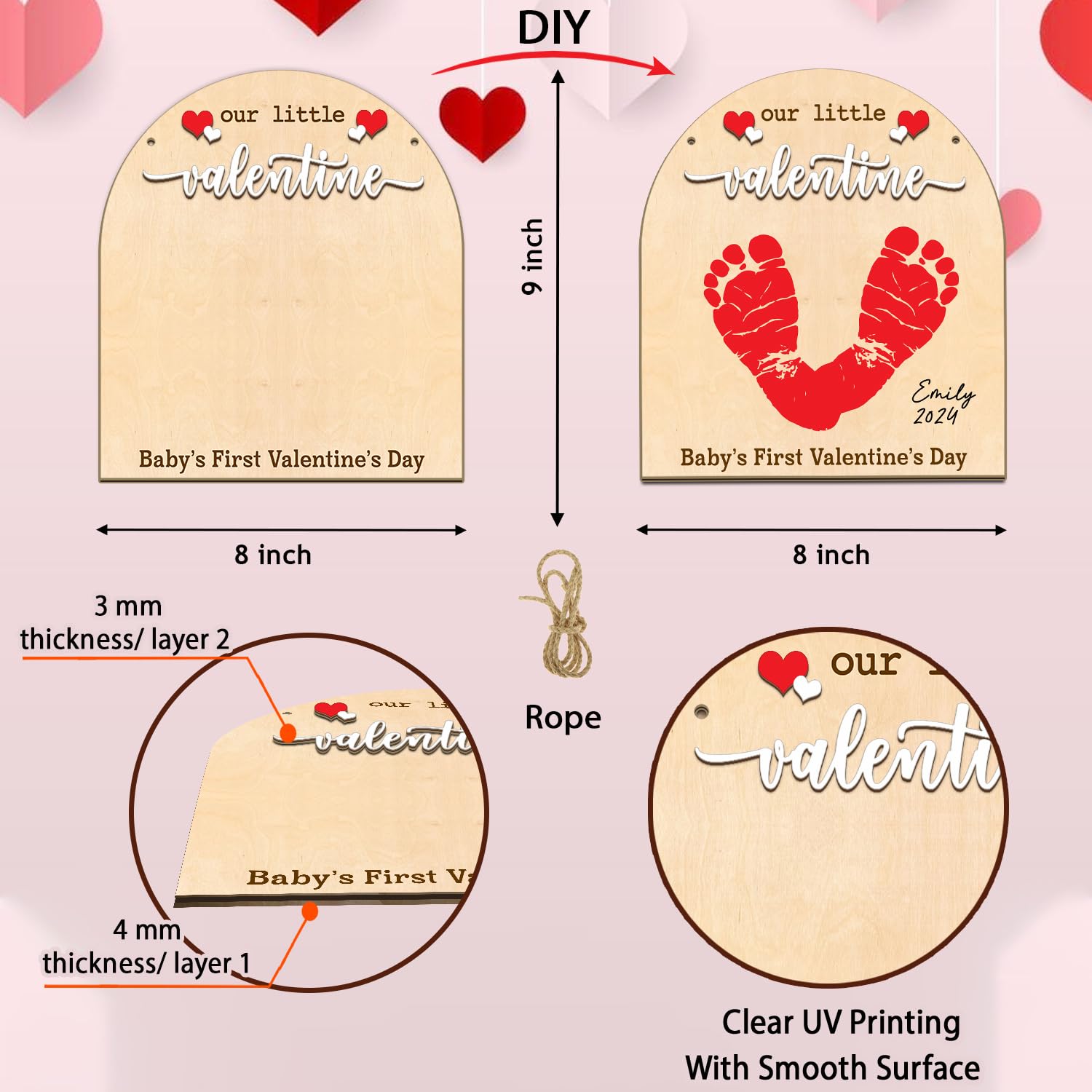 3D Wooden Valentines Day Footprint Sign with Hanging Rope