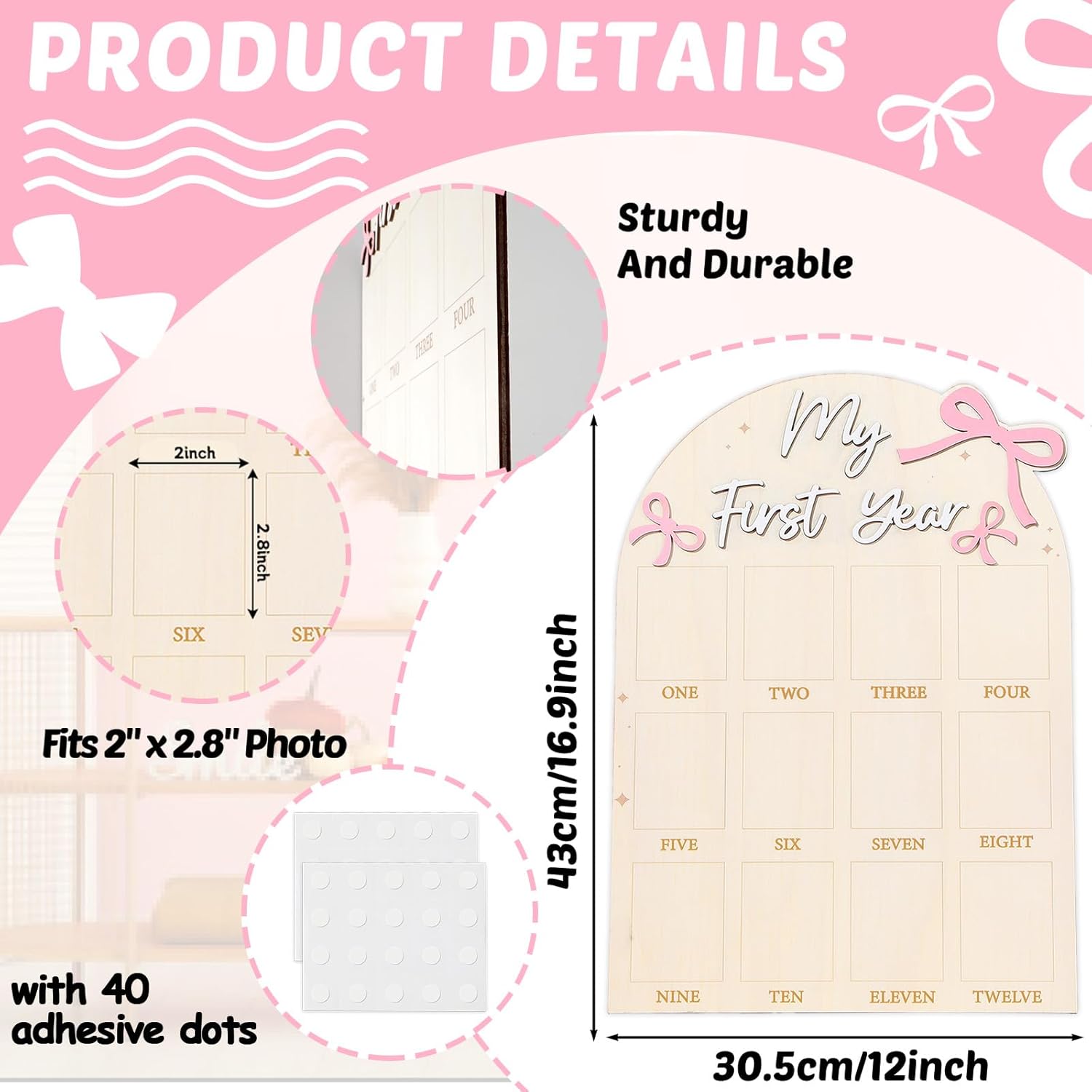 Pink Bow First Year Milestone Photo Board Decor