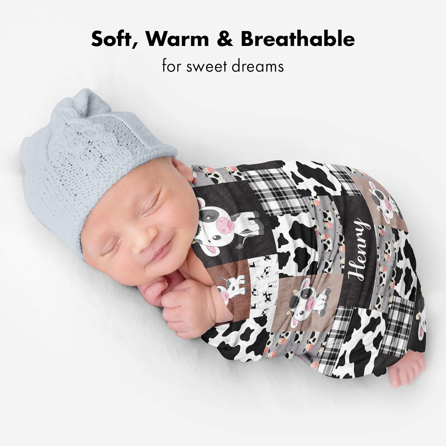 VibeCustom Personalized Cow Print Baby Blanket with Name