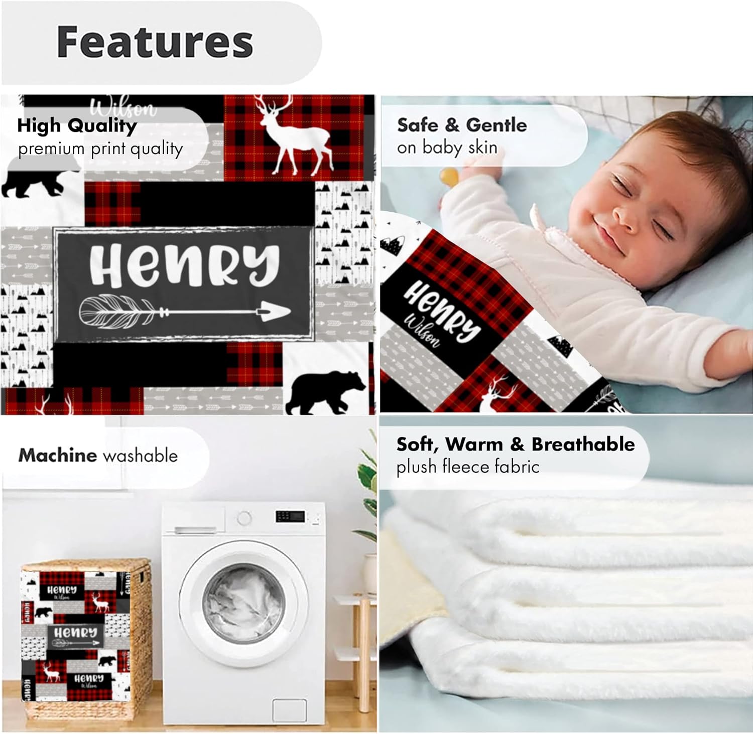 Personalized Wilderness Baby Blanket Custom Name Red Black Plaid