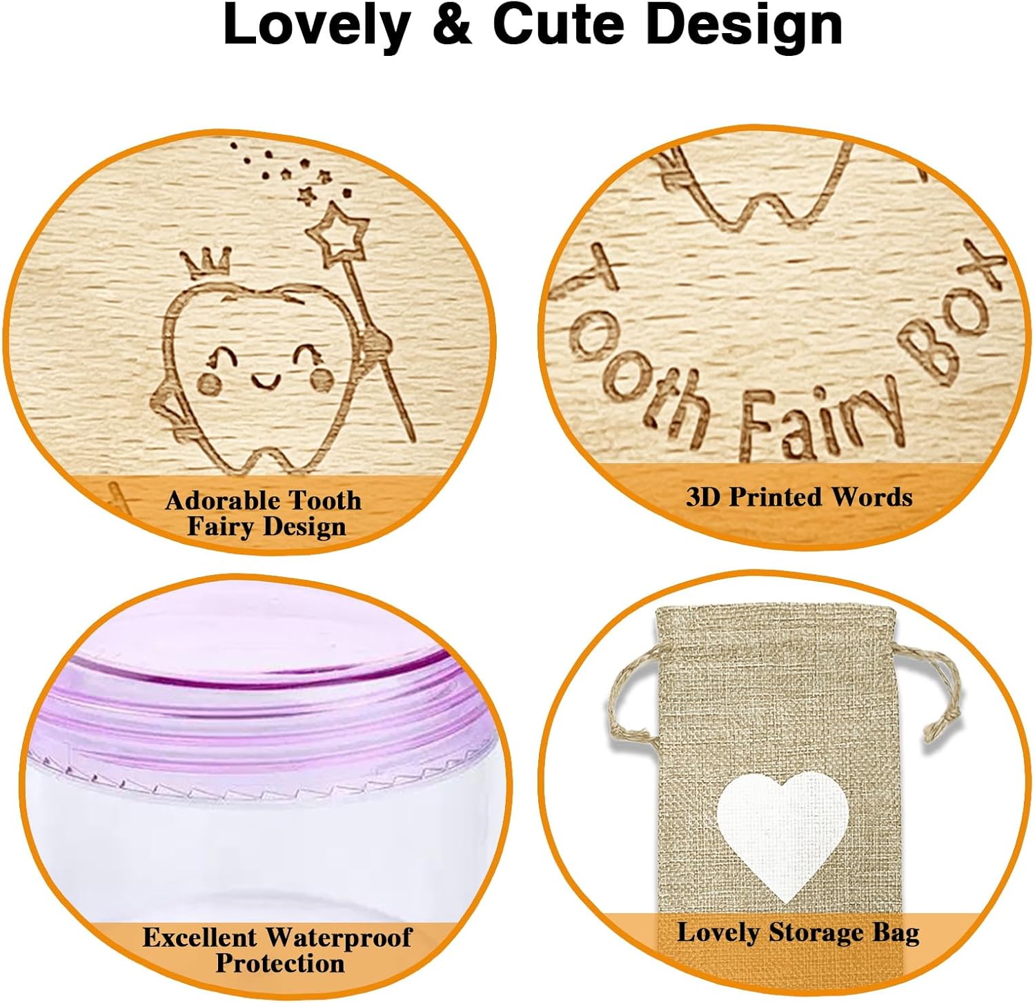 Wooden Tooth Fairy Box with Clear Container and Storage Pouch