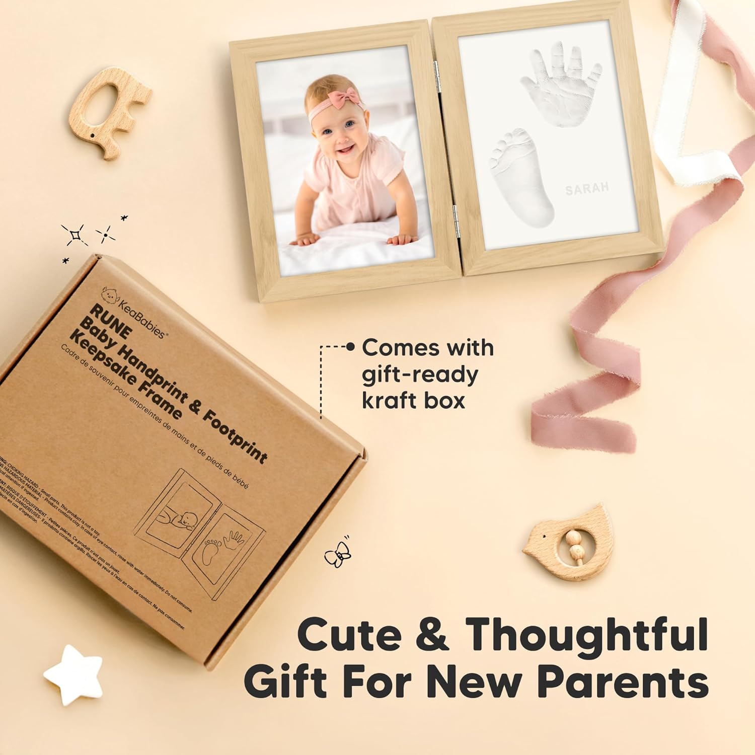 KeaBabies Personalized Hand Footprint Kit - Quick Dry Clay Ash Wood Frame