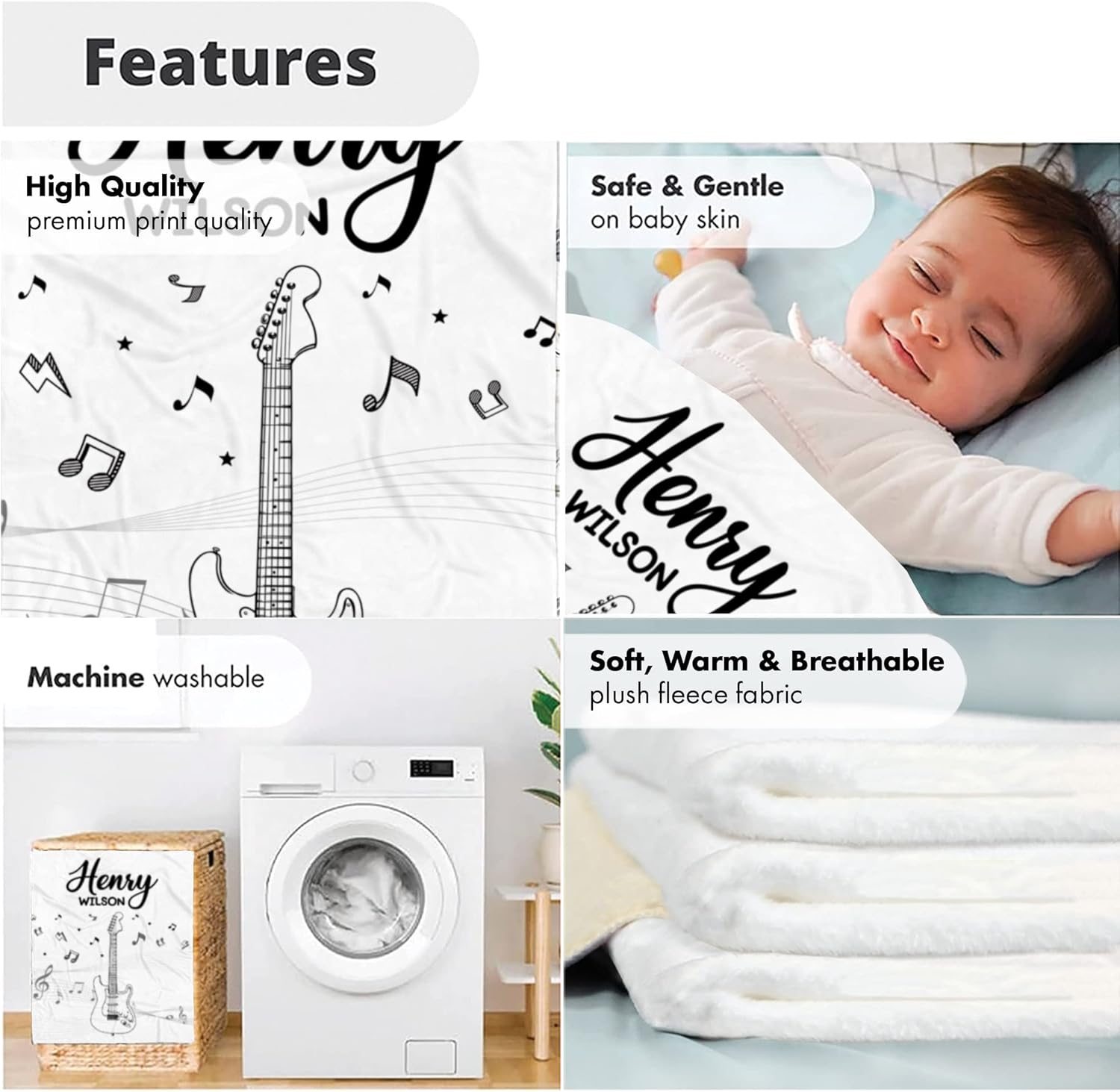 Personalized Music Baby Blanket with Custom Name and Guitar Design