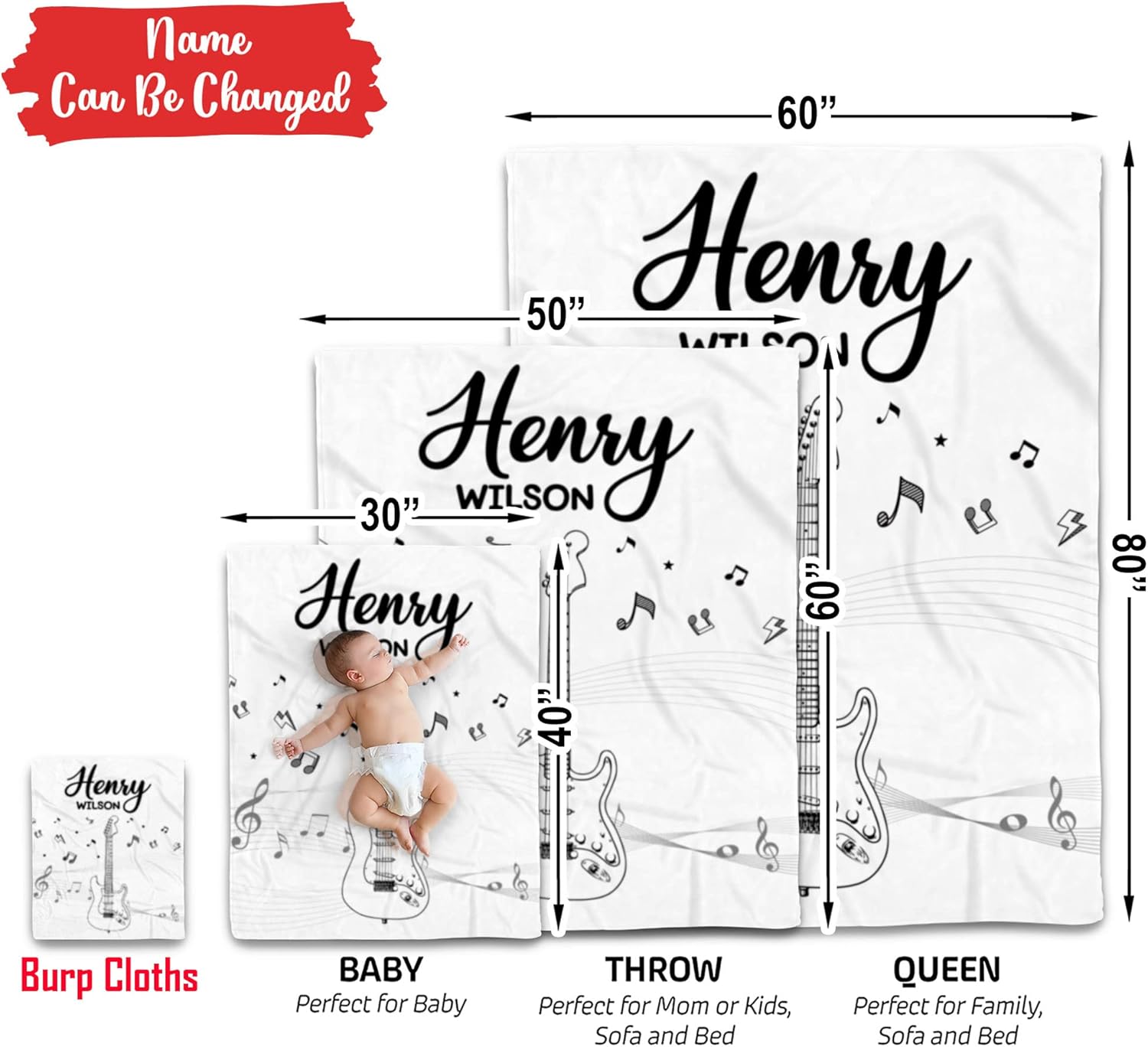Personalized Music Baby Blanket with Custom Name and Guitar Design