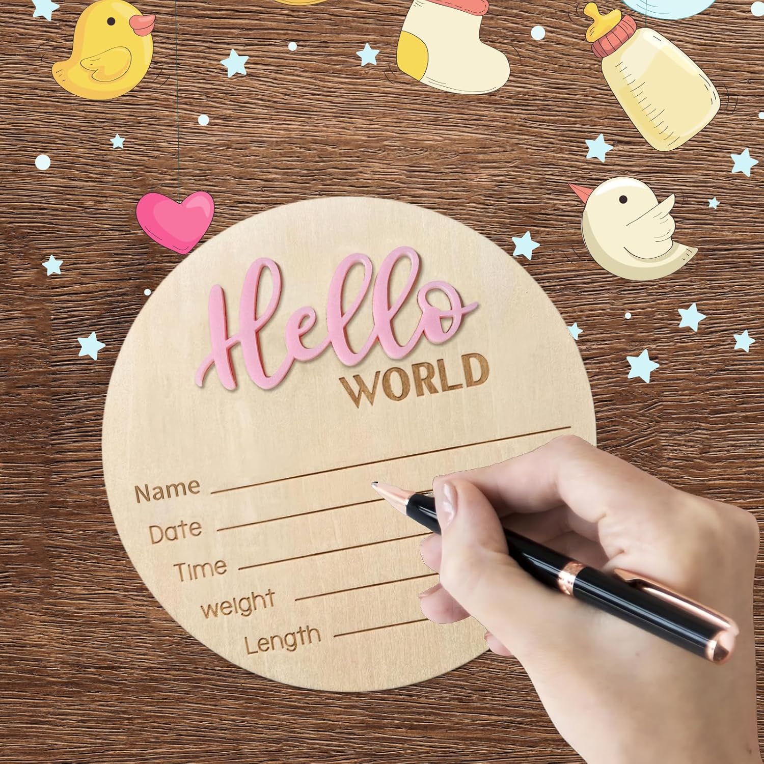 Baby Announcement Sign 59 Inch Wooden Hello World Personalized