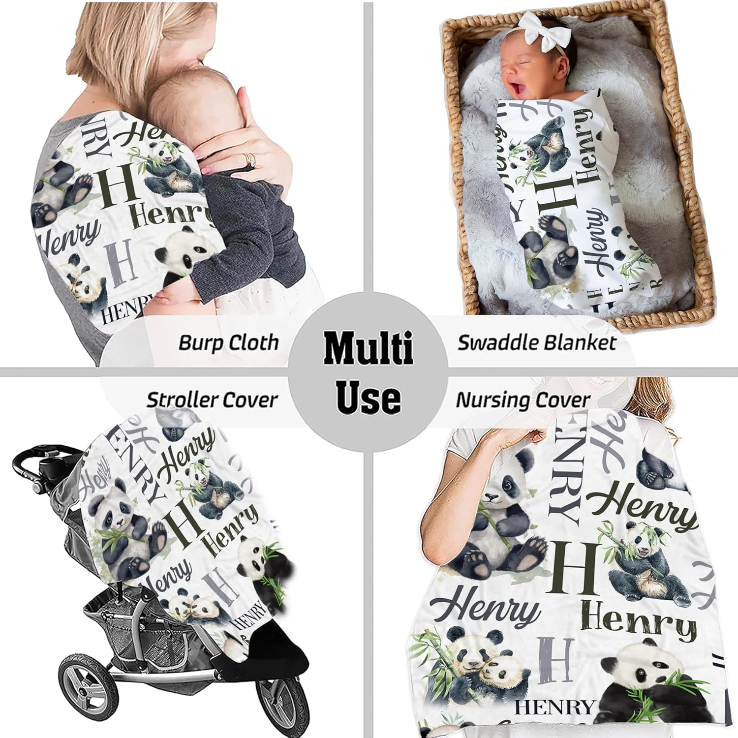 Personalized Panda Baby Blanket with Custom Name