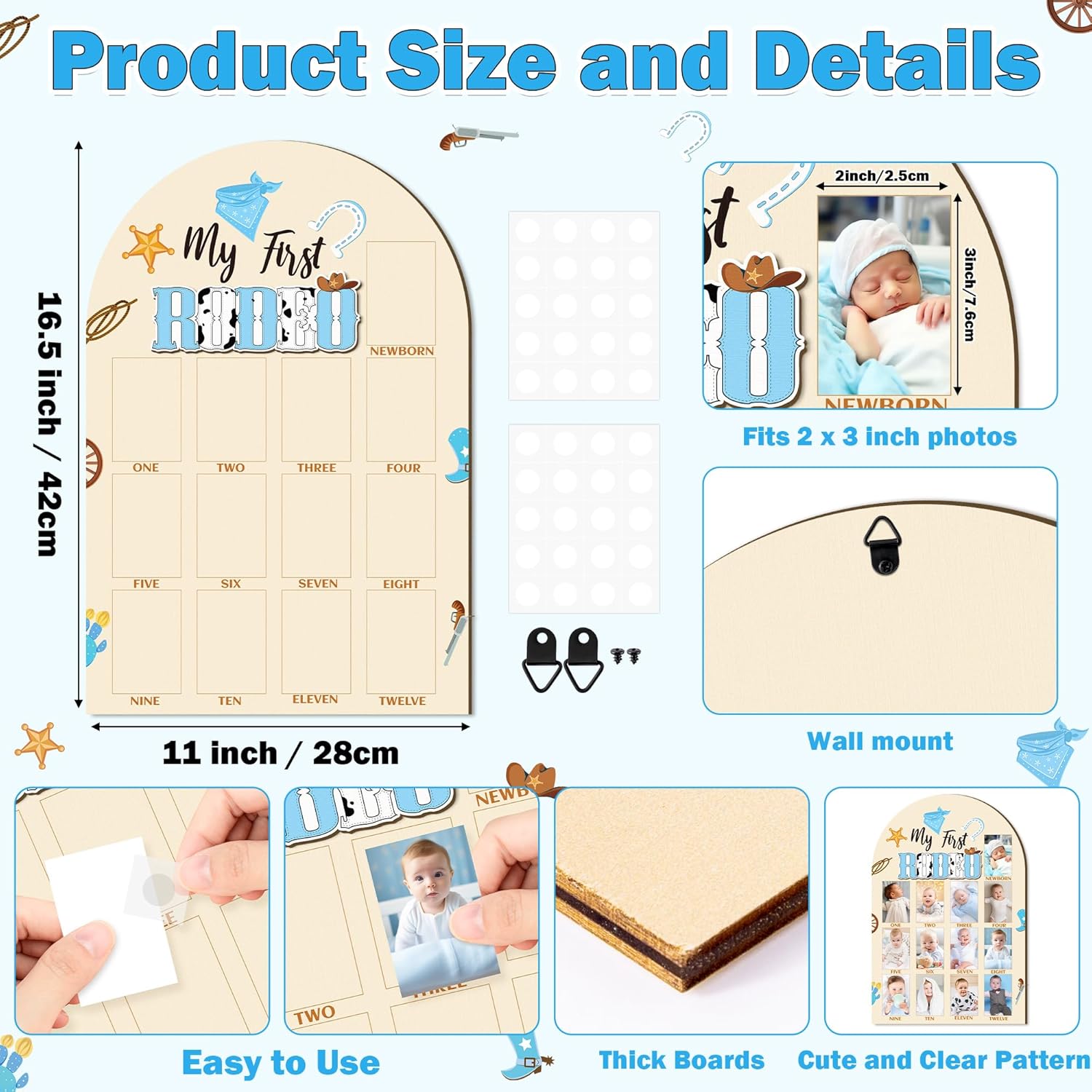 R HORSE Baby 1st Birthday 3D Cowboy Photo Board 12-Month Milestone Frame