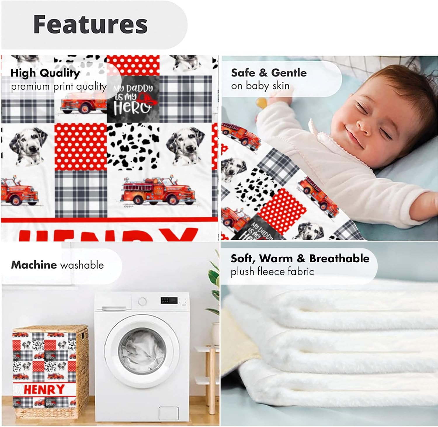 Personalized Baby Fire Truck Blanket with Name 1