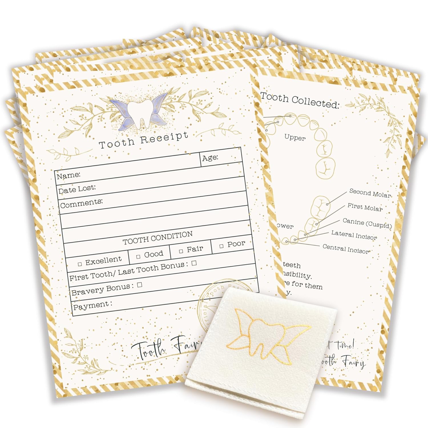 20 Tooth Fairy Receipt Cards Light Gold Bag