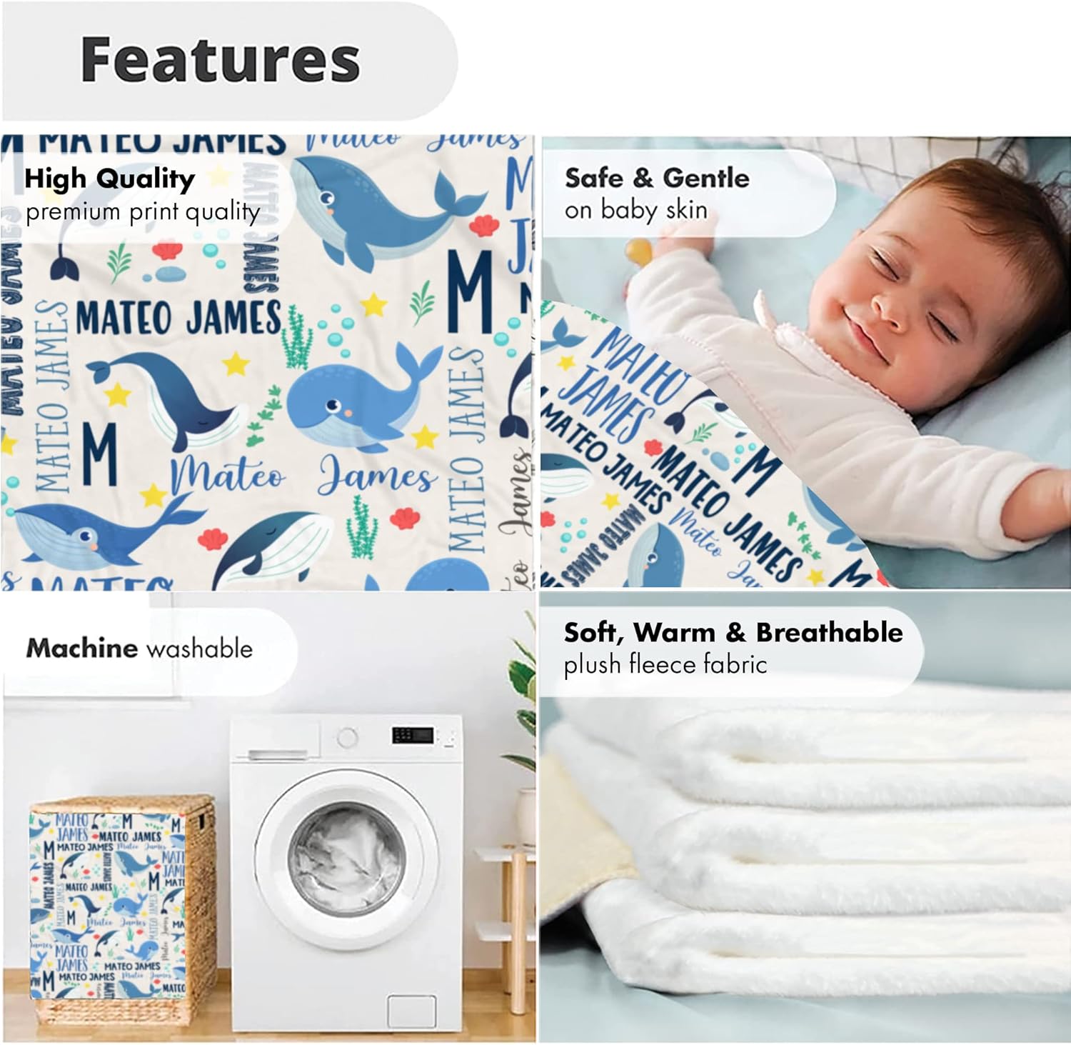 VibeCustom Ocean Whale Baby Blanket with Name