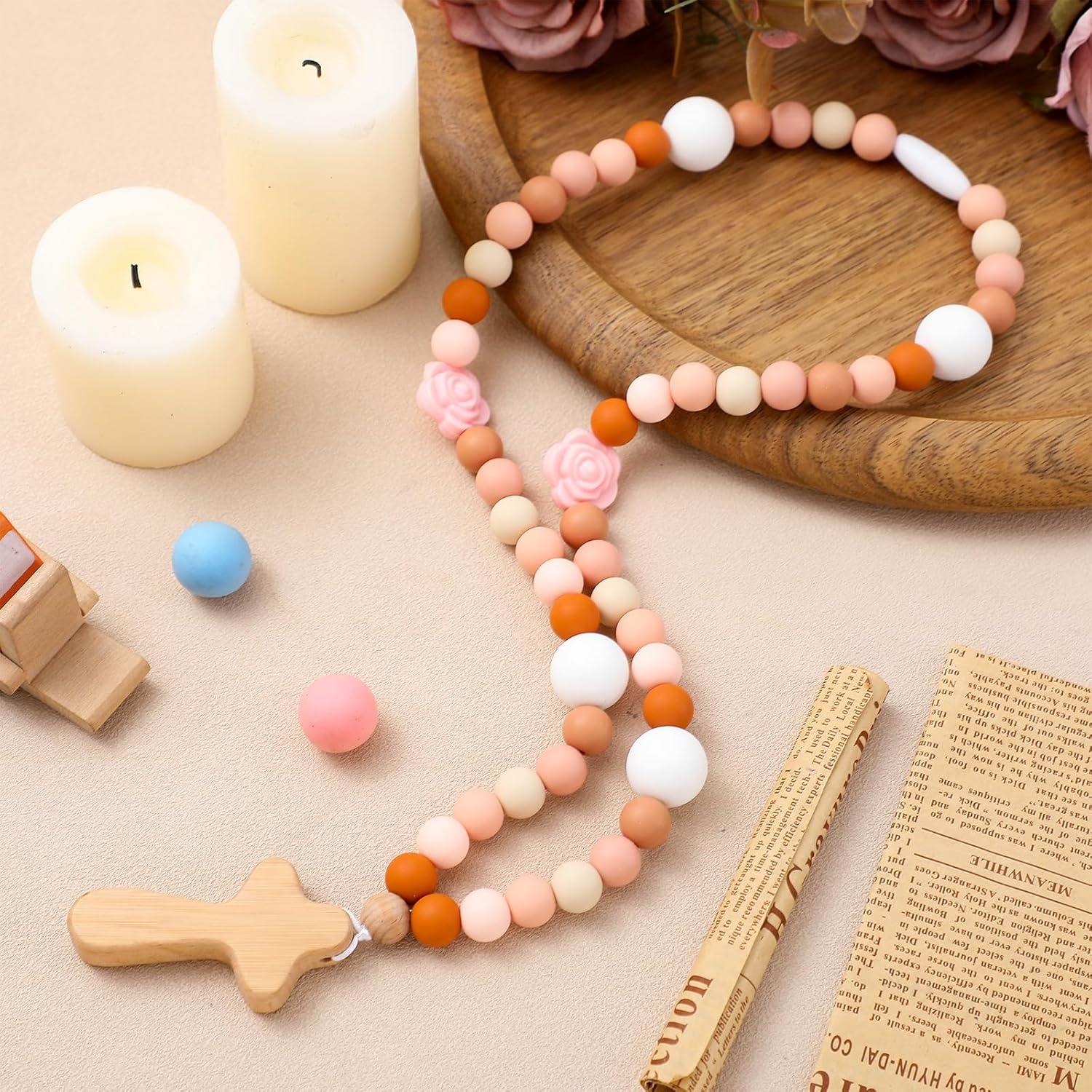 Misdary Baby Silicone Rosary Baptism Gift Pink Flowers 1