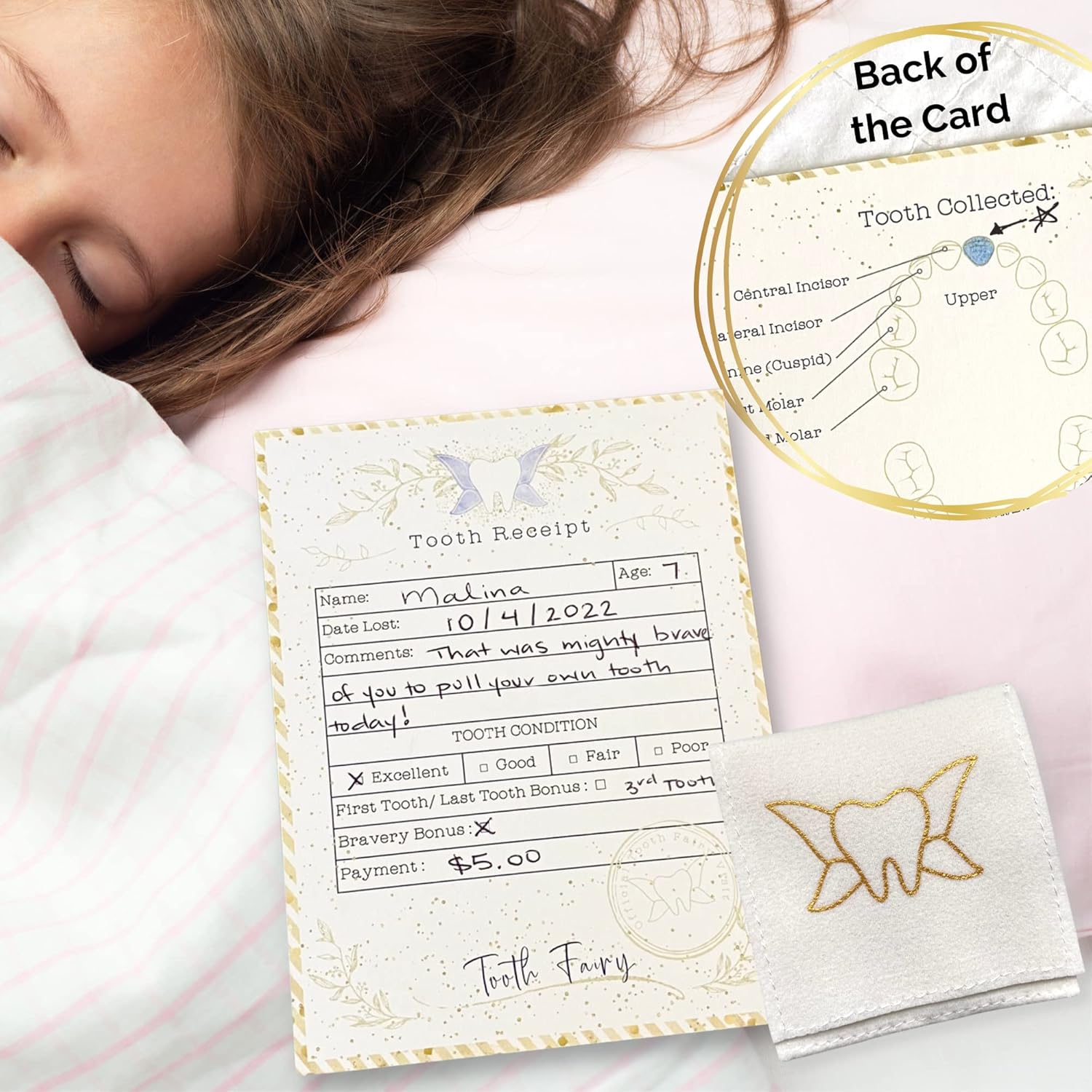 20 Tooth Fairy Receipt Cards Light Gold Bag