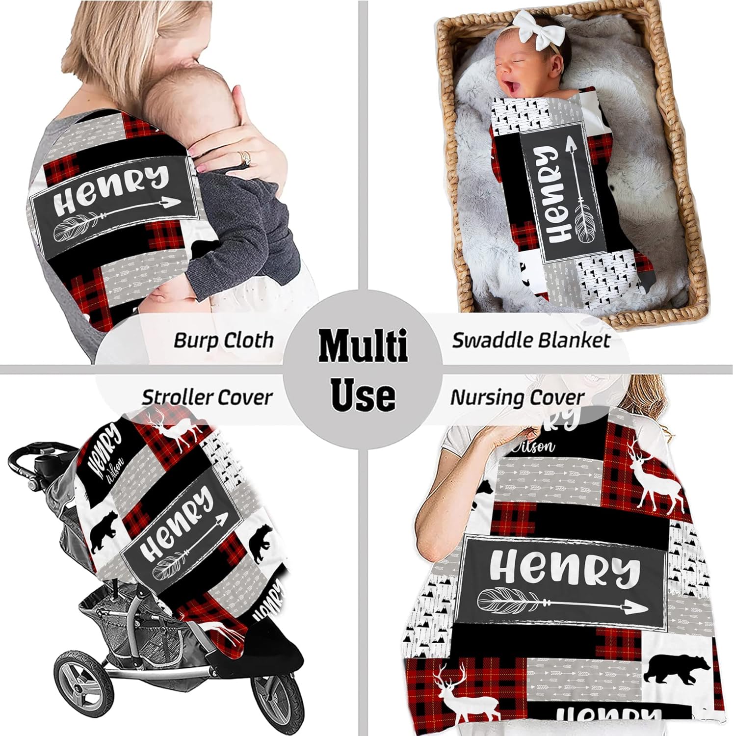 Personalized Wilderness Baby Blanket Custom Name Red Black Plaid