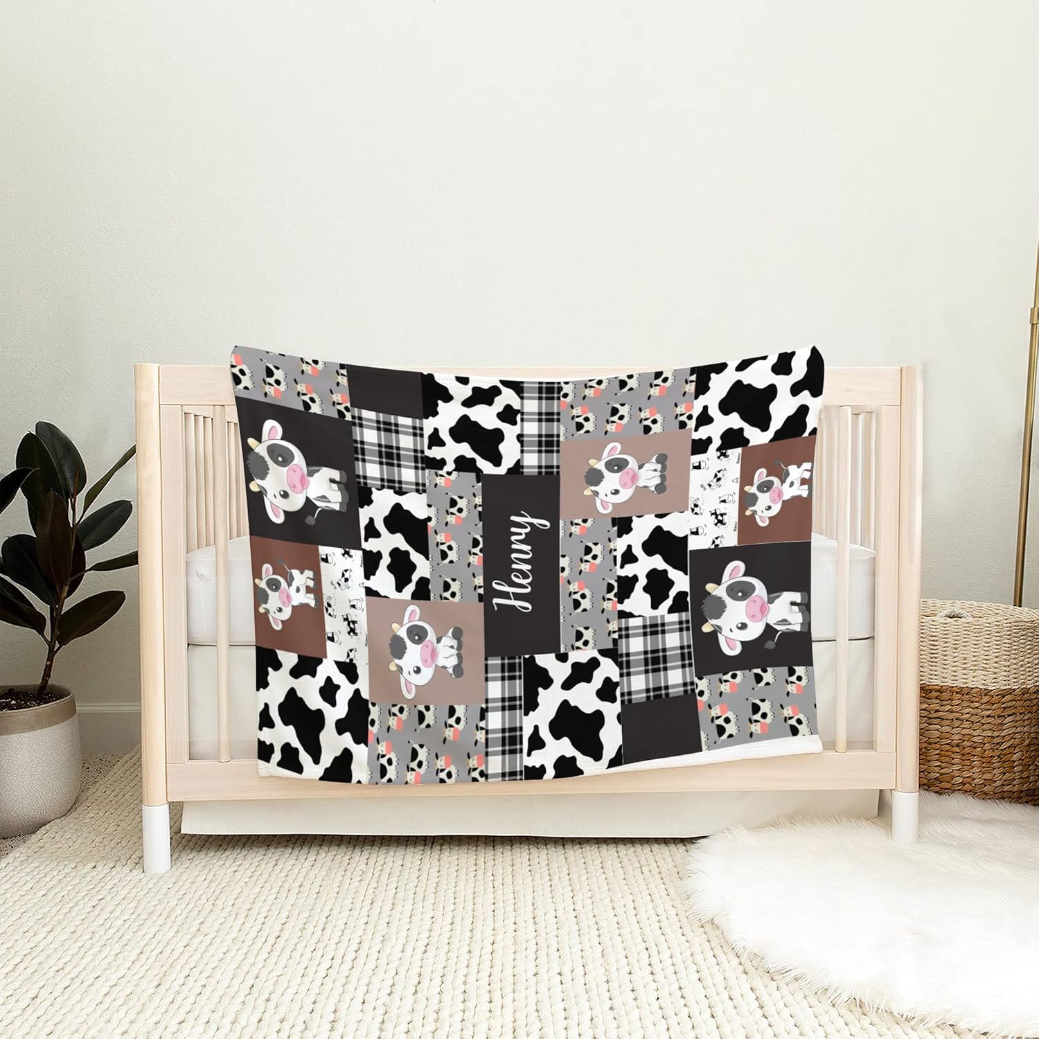 VibeCustom Personalized Cow Print Baby Blanket with Name