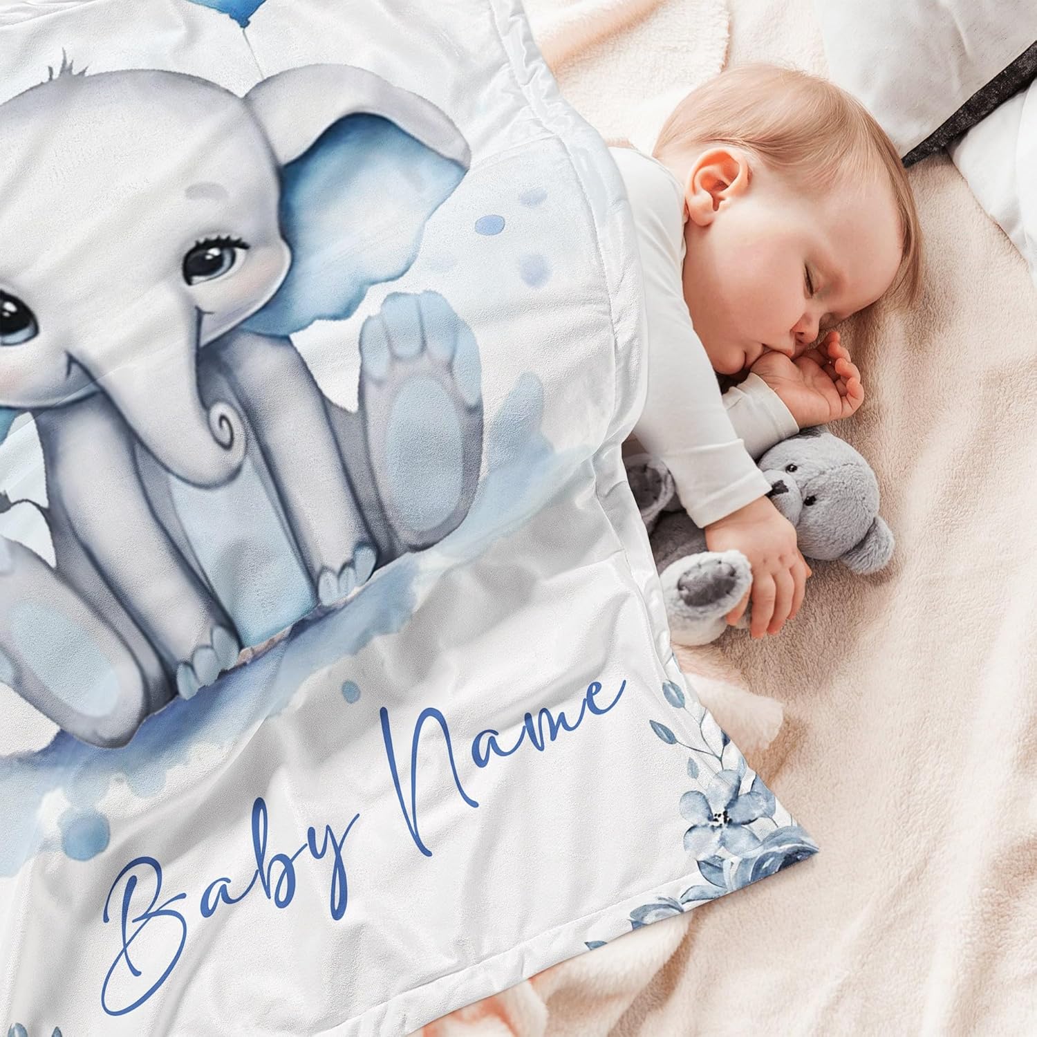 Personalized Baby Blanket with Name and Elephant Print