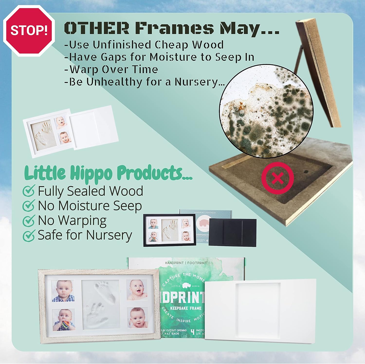 Little Hippo Baby Hand Footprint Kit - Inkless Clay Mold Keepsake Frame Personalized Picture