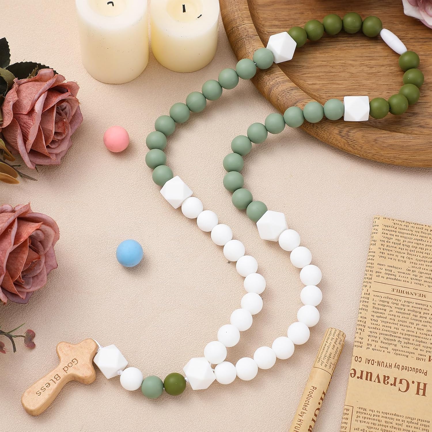 Misdary Baby Silicone Rosary Baptism Gift Green Square