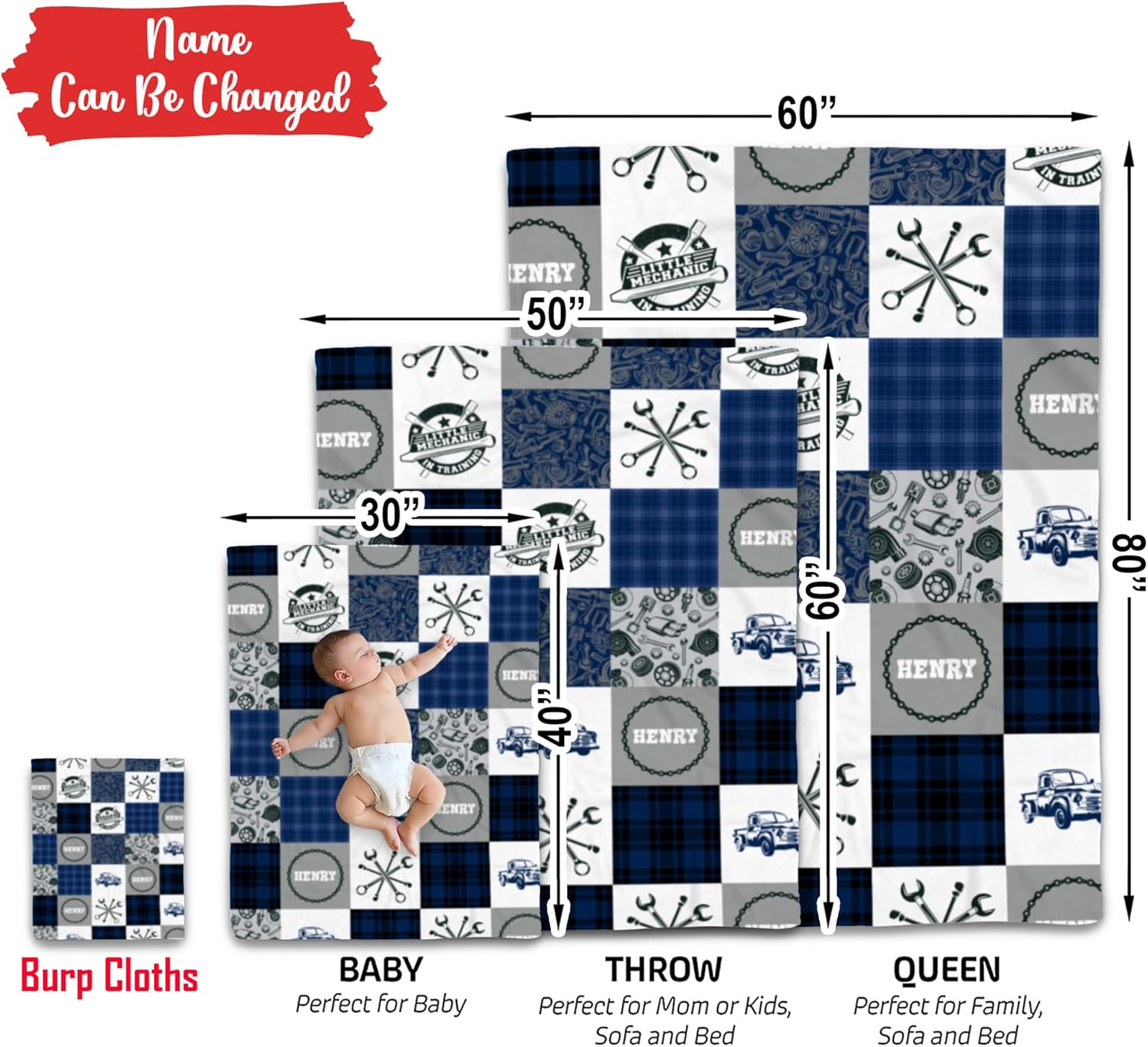 VibeCustom Personalized Mechanic Baby Blanket
