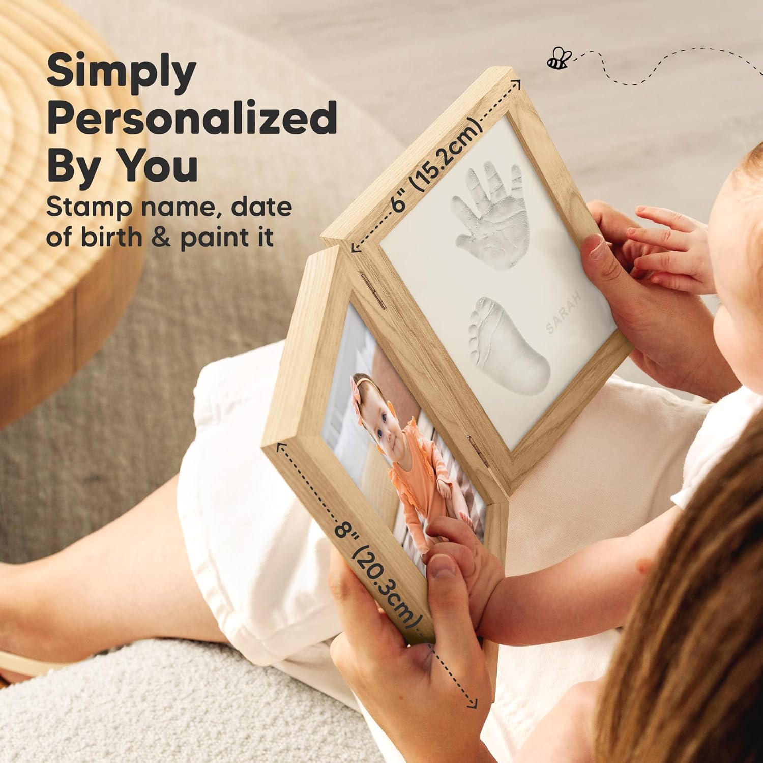 KeaBabies Personalized Hand Footprint Kit - Quick Dry Clay Ash Wood Frame