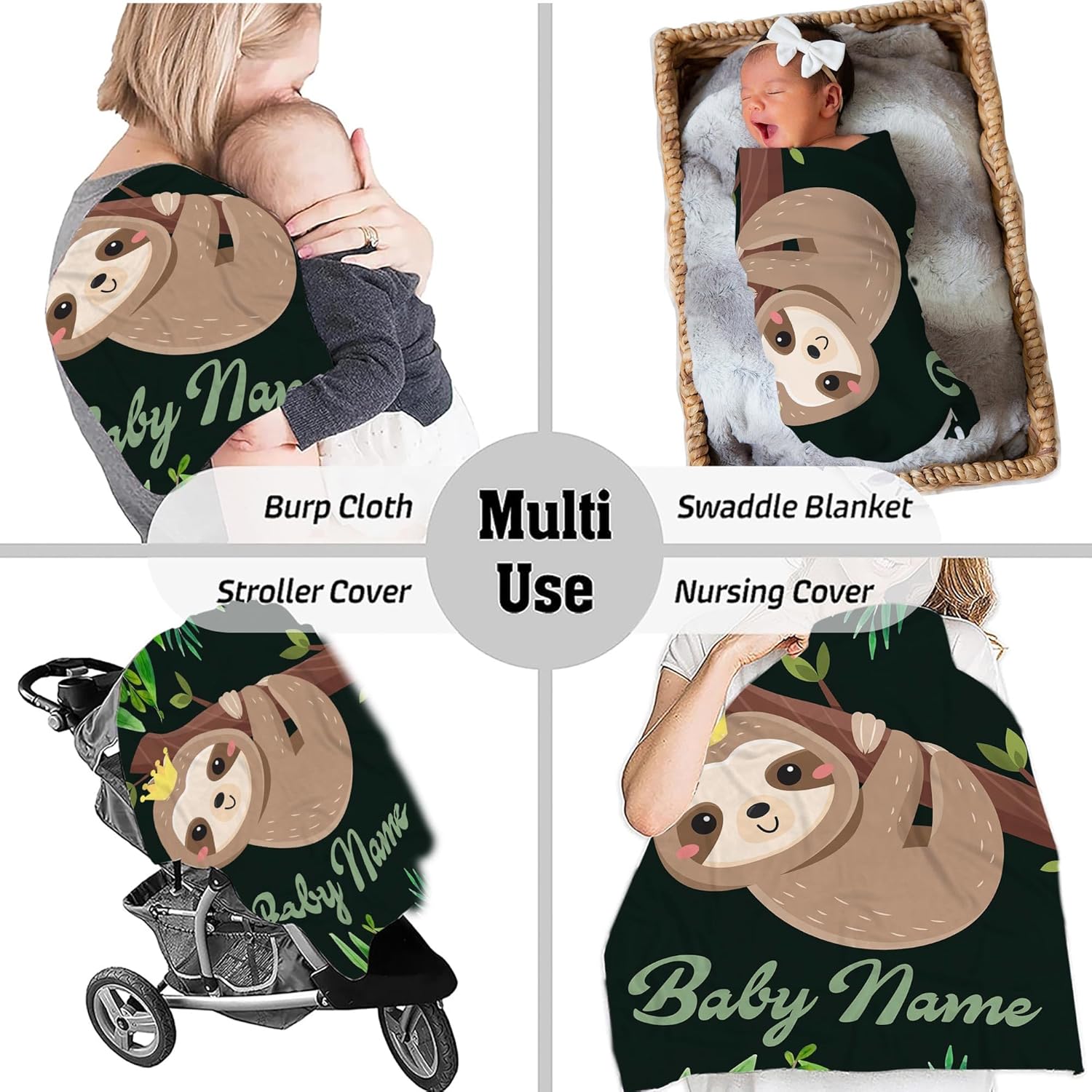 Personalized Sloth Baby Blanket with Custom Name