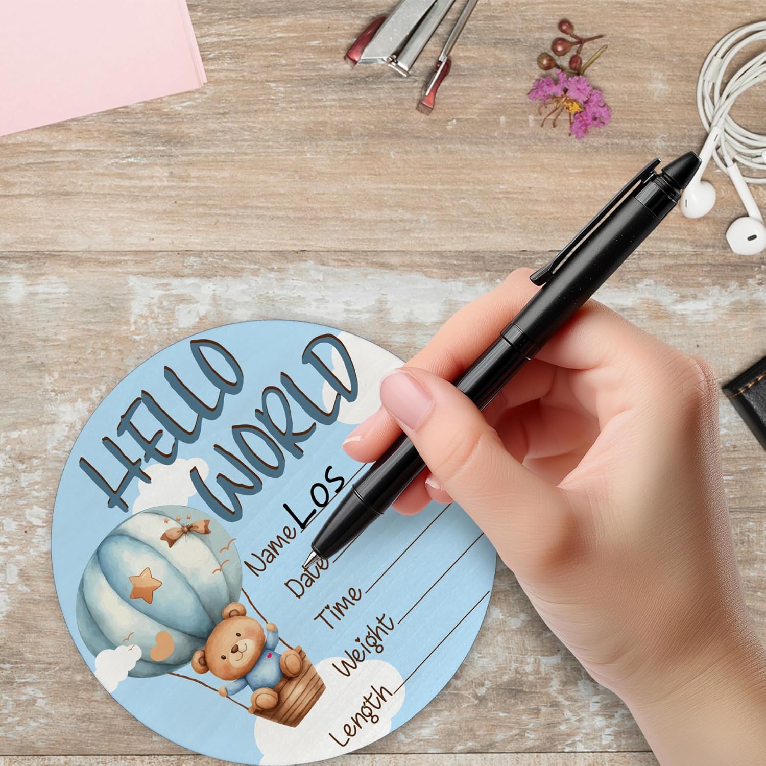 6 Inch Wooden Baby Announcement Sign with Bear and Balloon Design