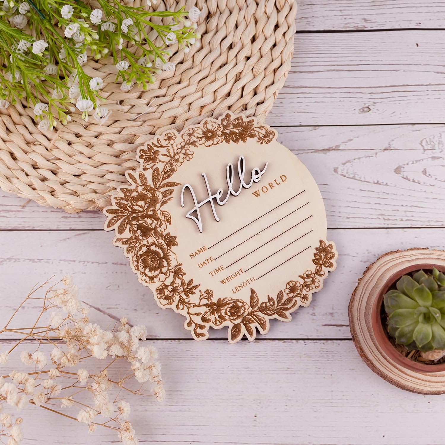 CUNCUN Baby Name Announcement Sign - Floral Wooden Hello World Plaque