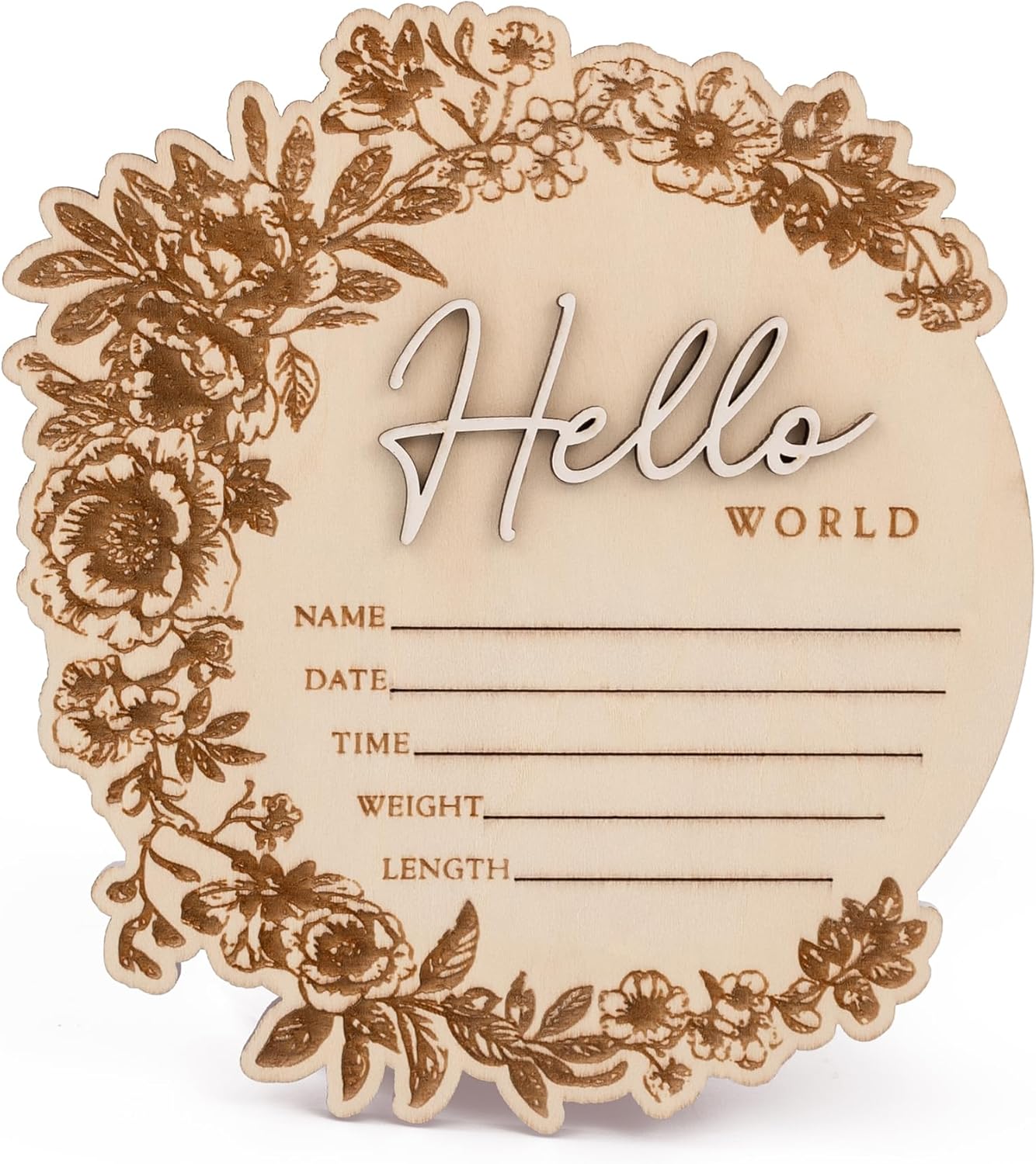 CUNCUN Baby Name Announcement Sign - Floral Wooden Hello World Plaque