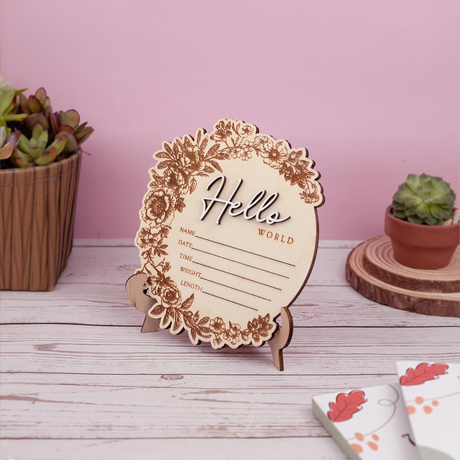 CUNCUN Baby Name Announcement Sign - Floral Wooden Hello World Plaque
