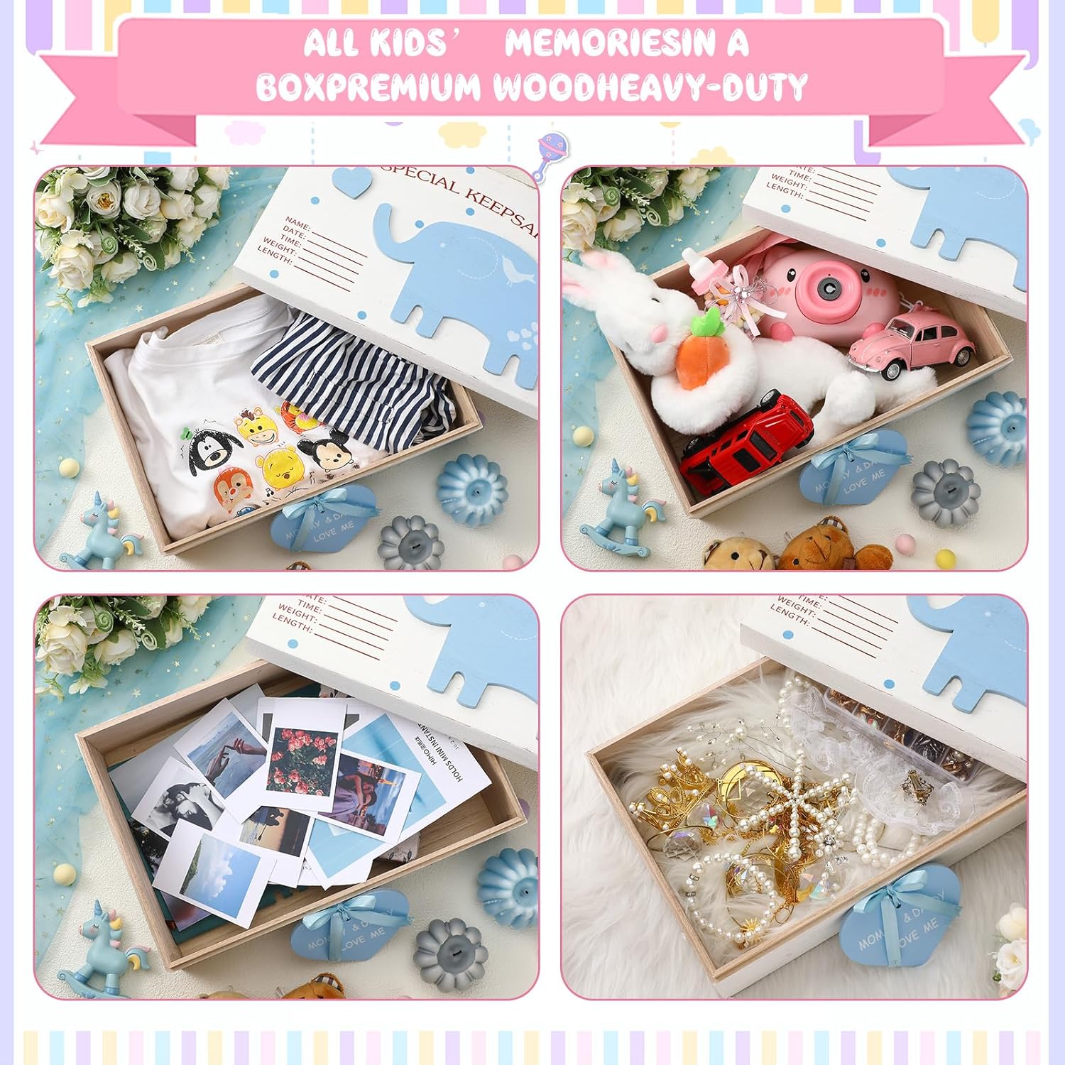 Soaoo 3D Wooden Baby Keepsake Box Blue Elephant