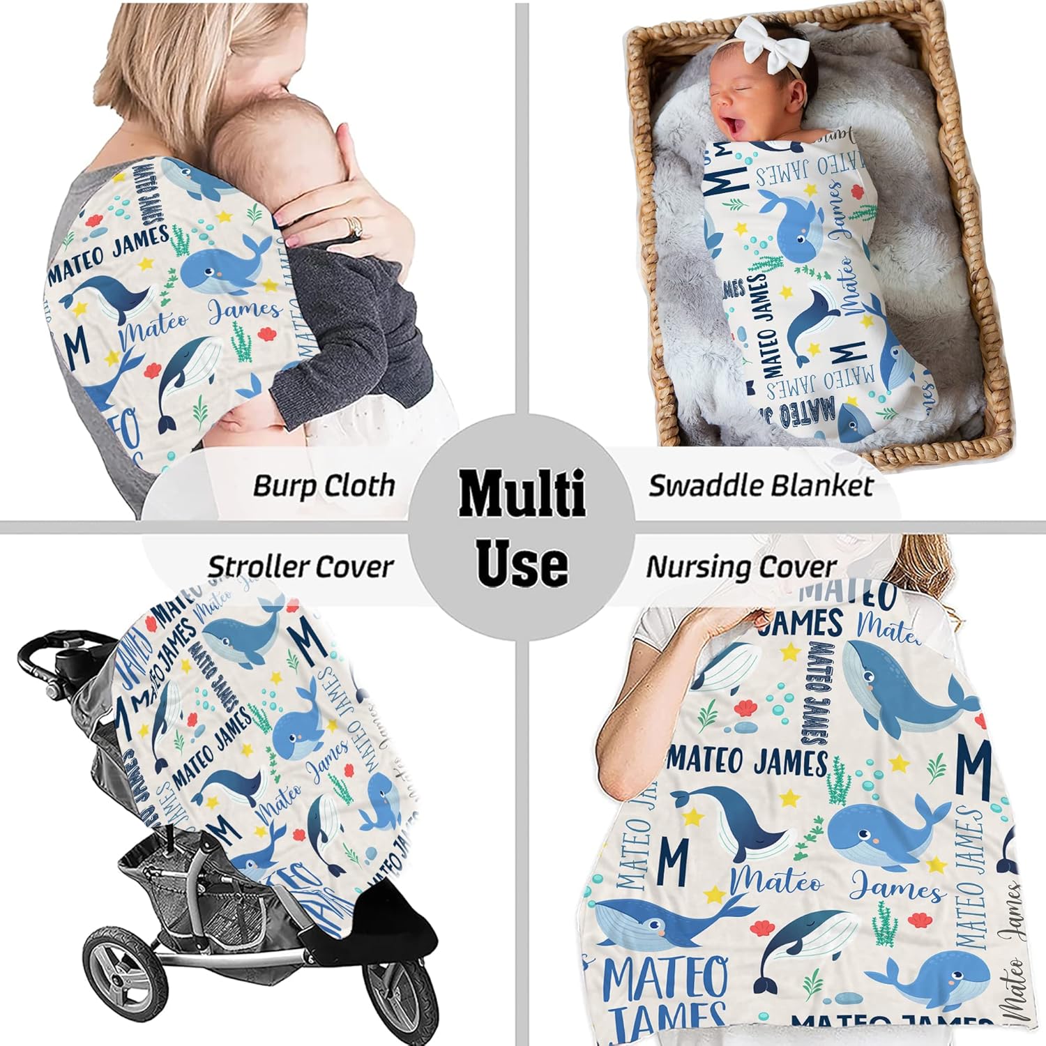 VibeCustom Ocean Whale Baby Blanket with Name