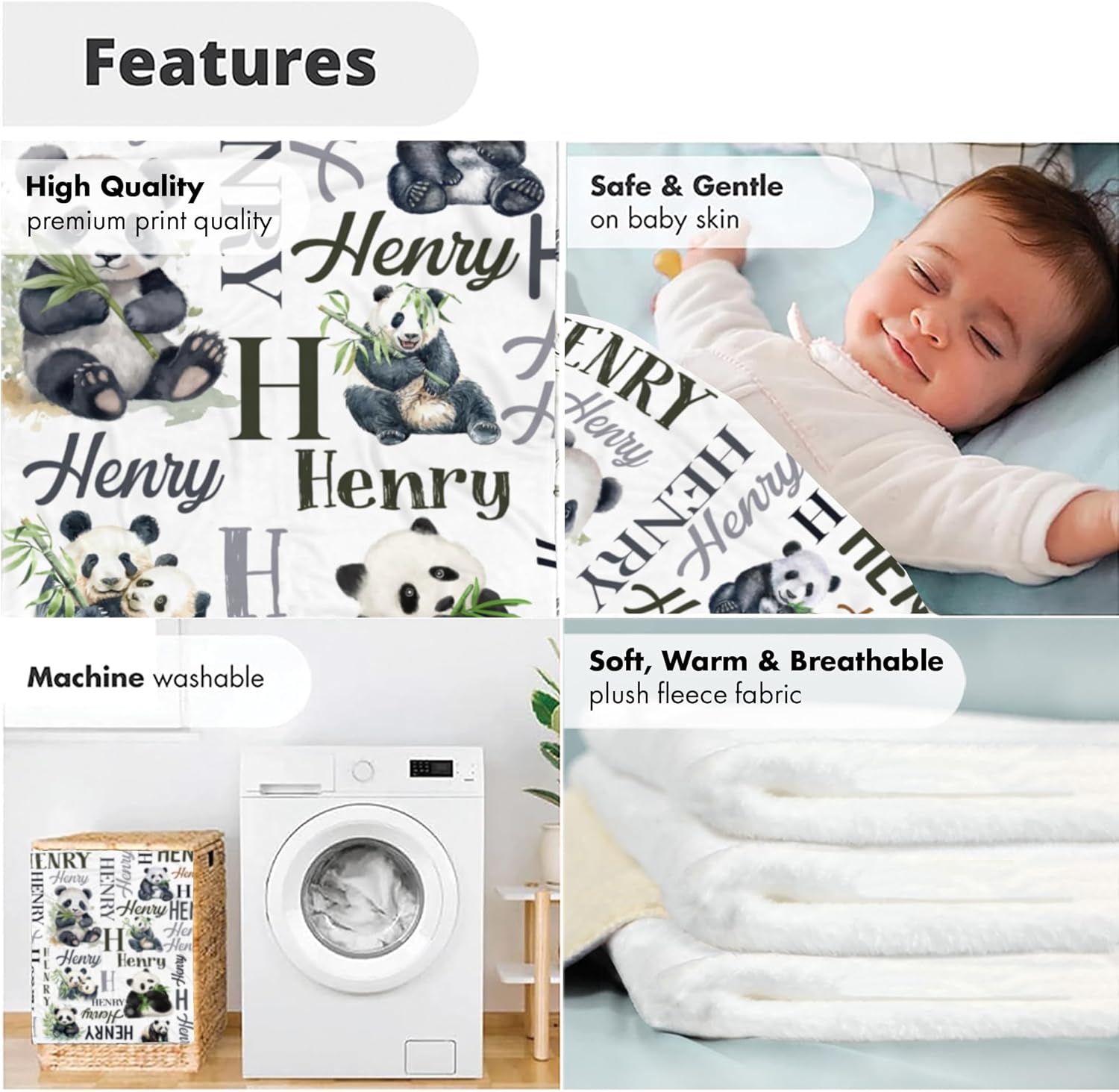 Personalized Panda Baby Blanket with Custom Name