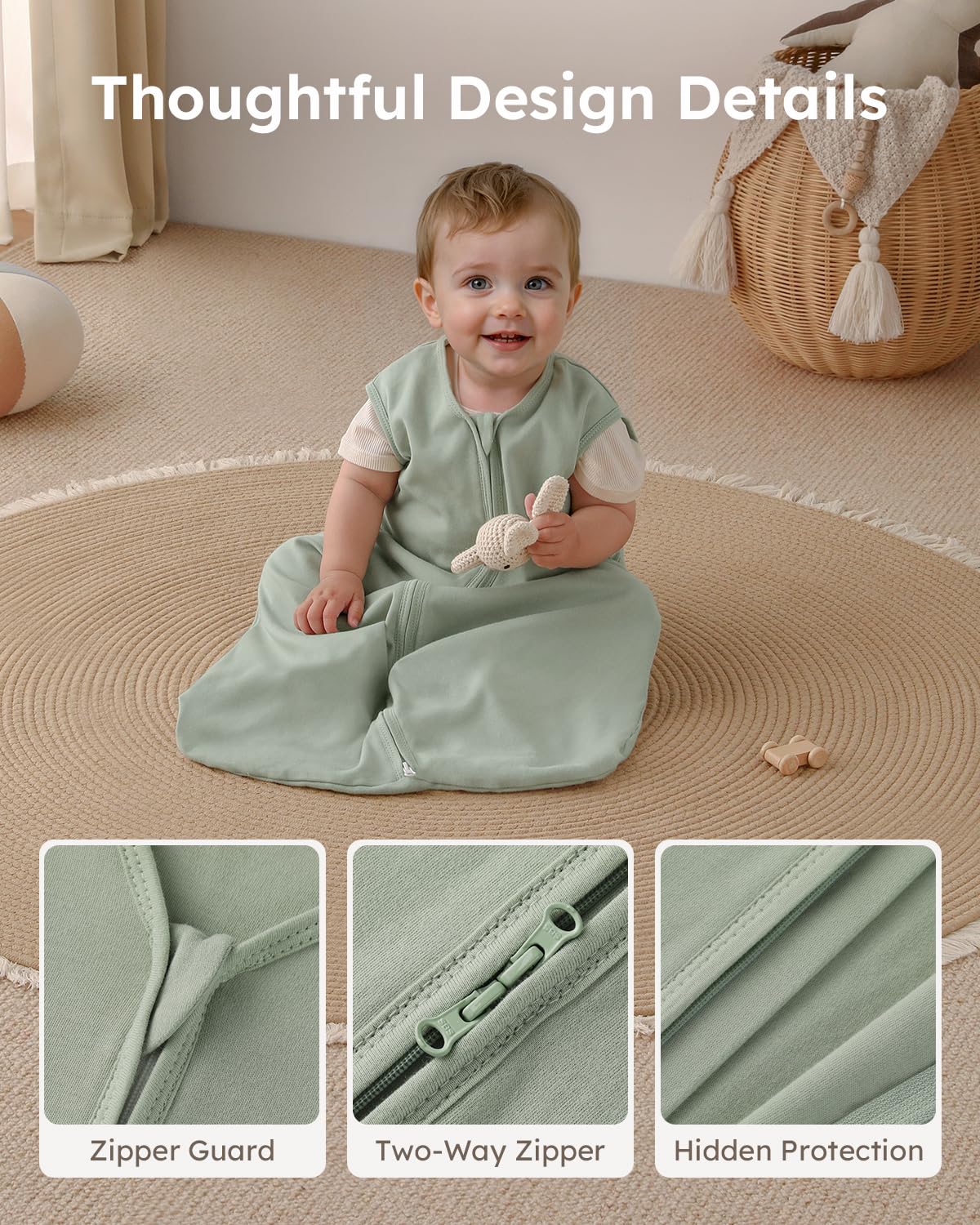 Yoofoss 6-12 Months Sleep Sack 3 Pack Organic Cotton 2-Way Zipper