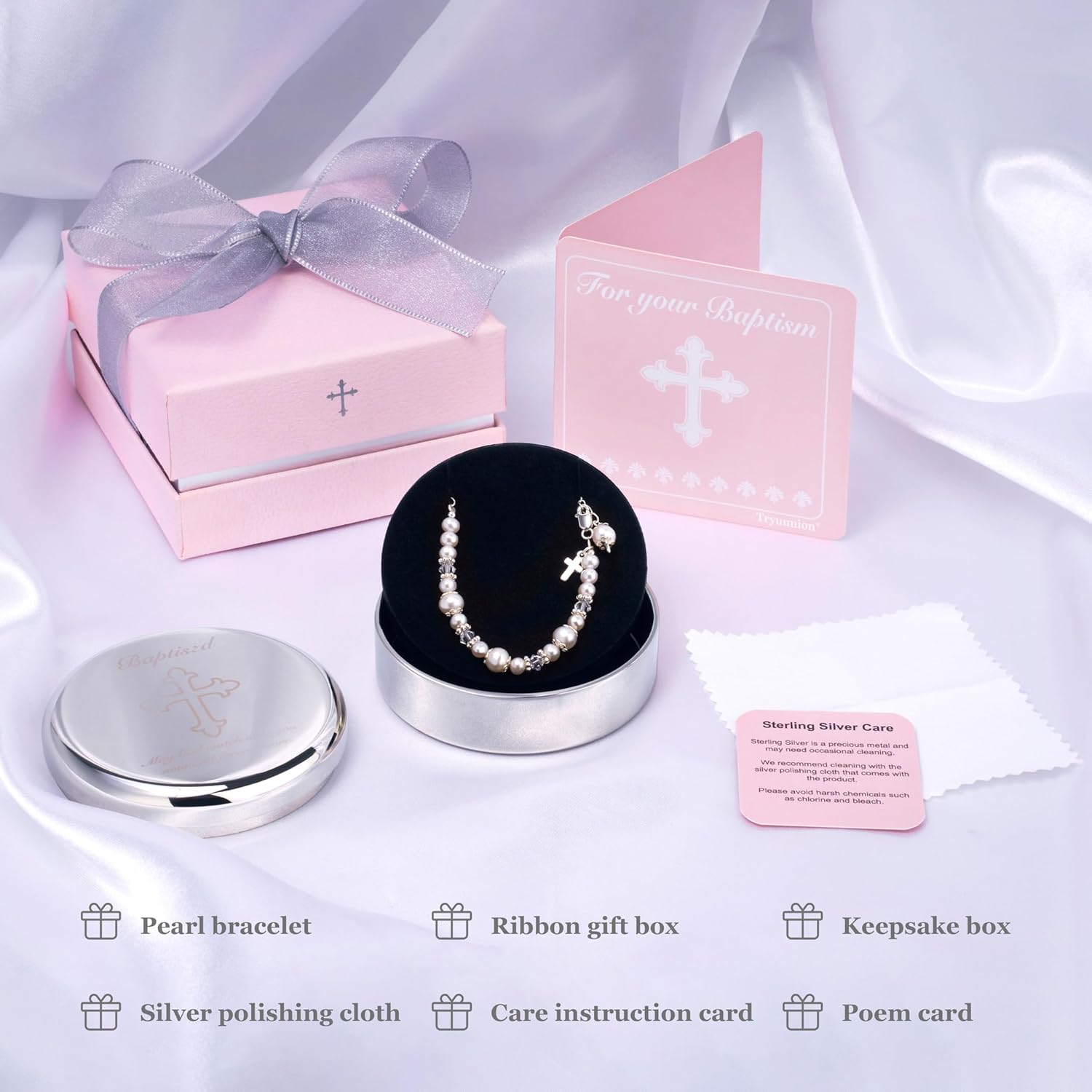 Baptism Cross Bracelet with Cultured Pearls and Keepsake Box