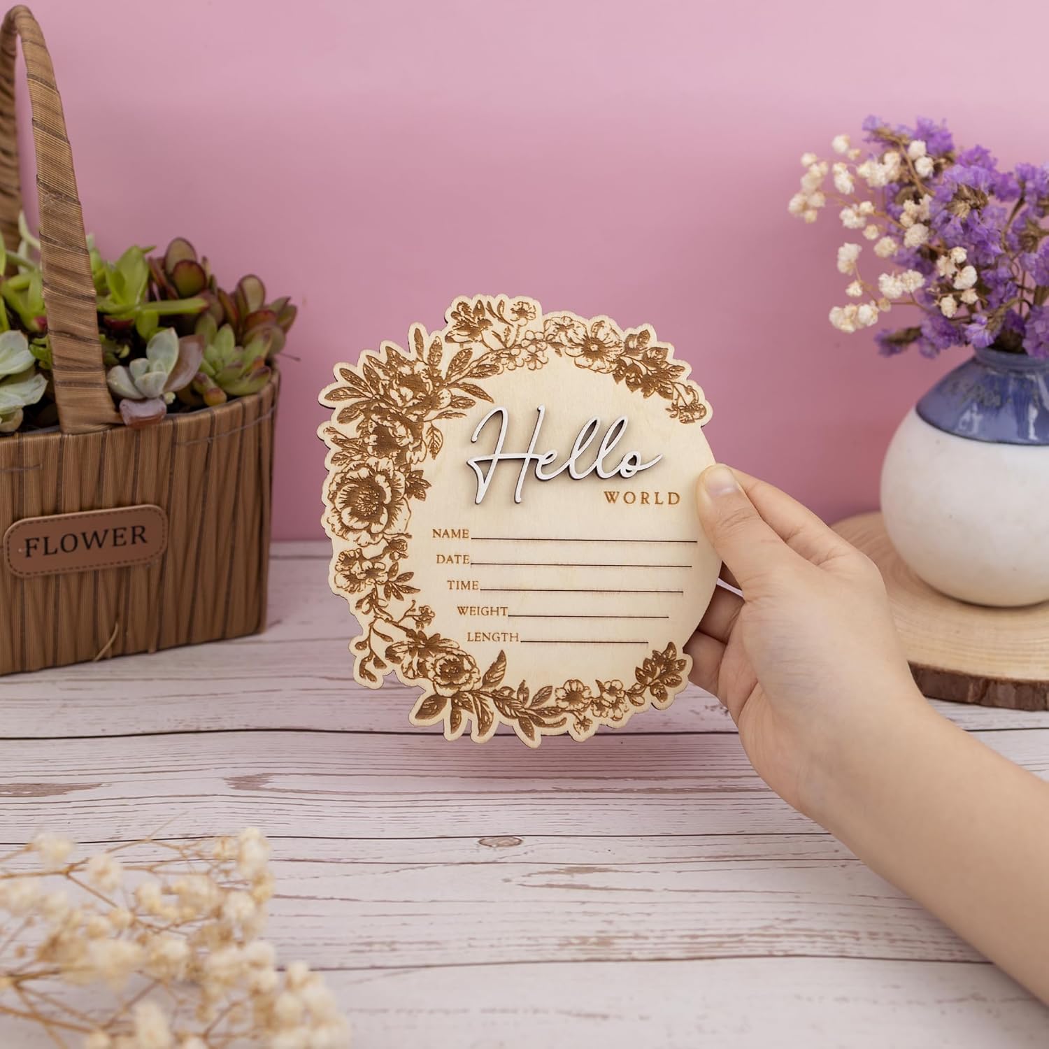 CUNCUN Baby Name Announcement Sign - Floral Wooden Hello World Plaque