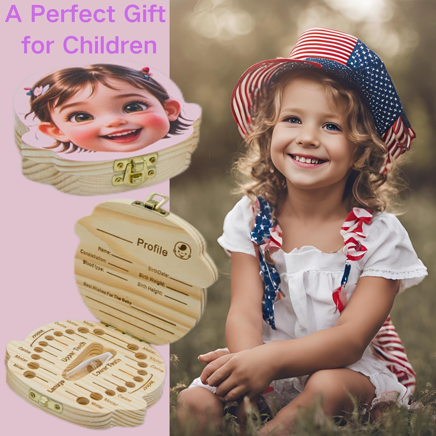 Personalized Wooden Baby Tooth Fairy Keepsake Box with Lanugo Bottle 1