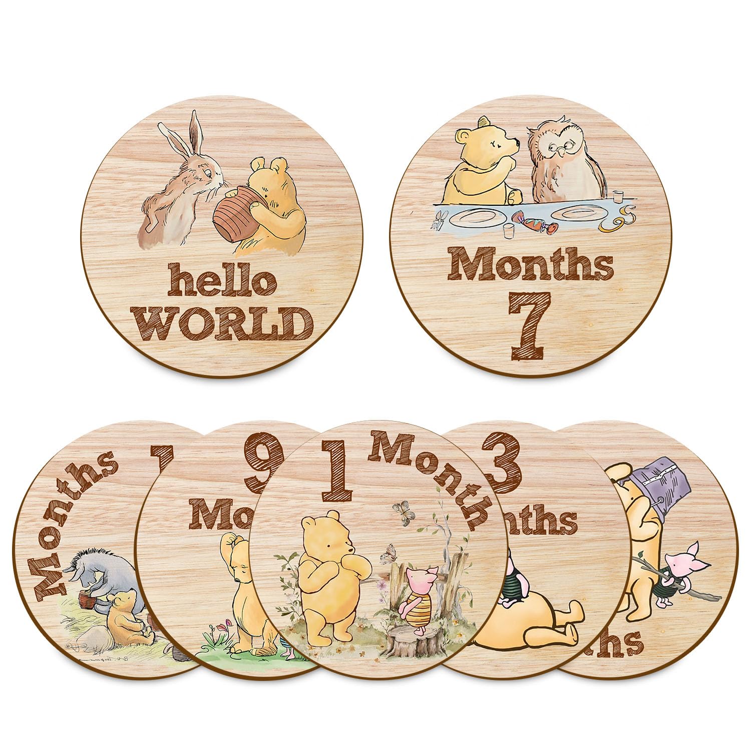 Hatzelou 7Pcs Baby Milestone Circles Winnie The Pooh Wooden Keepsakes