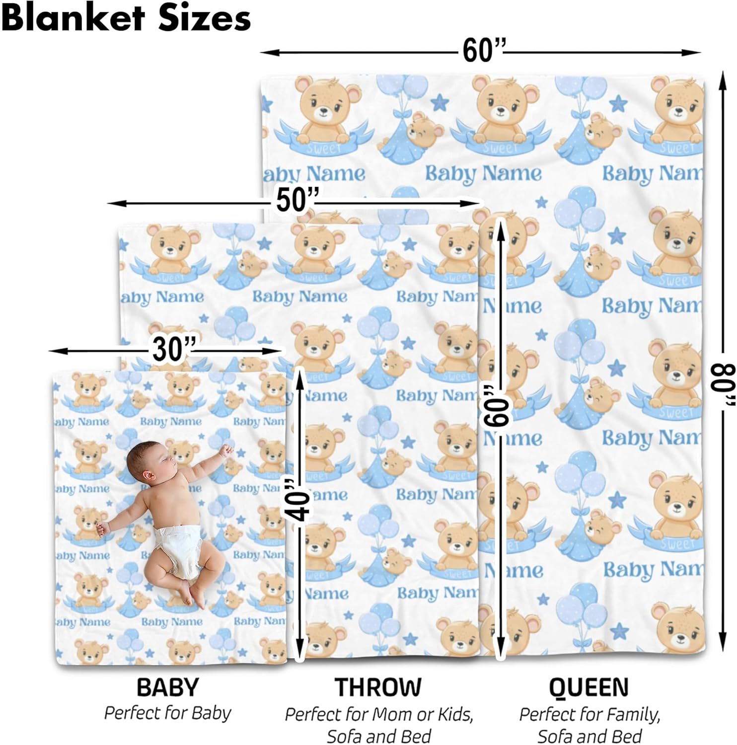 Personalized Bear Baby Blanket with Blue Balloons 1