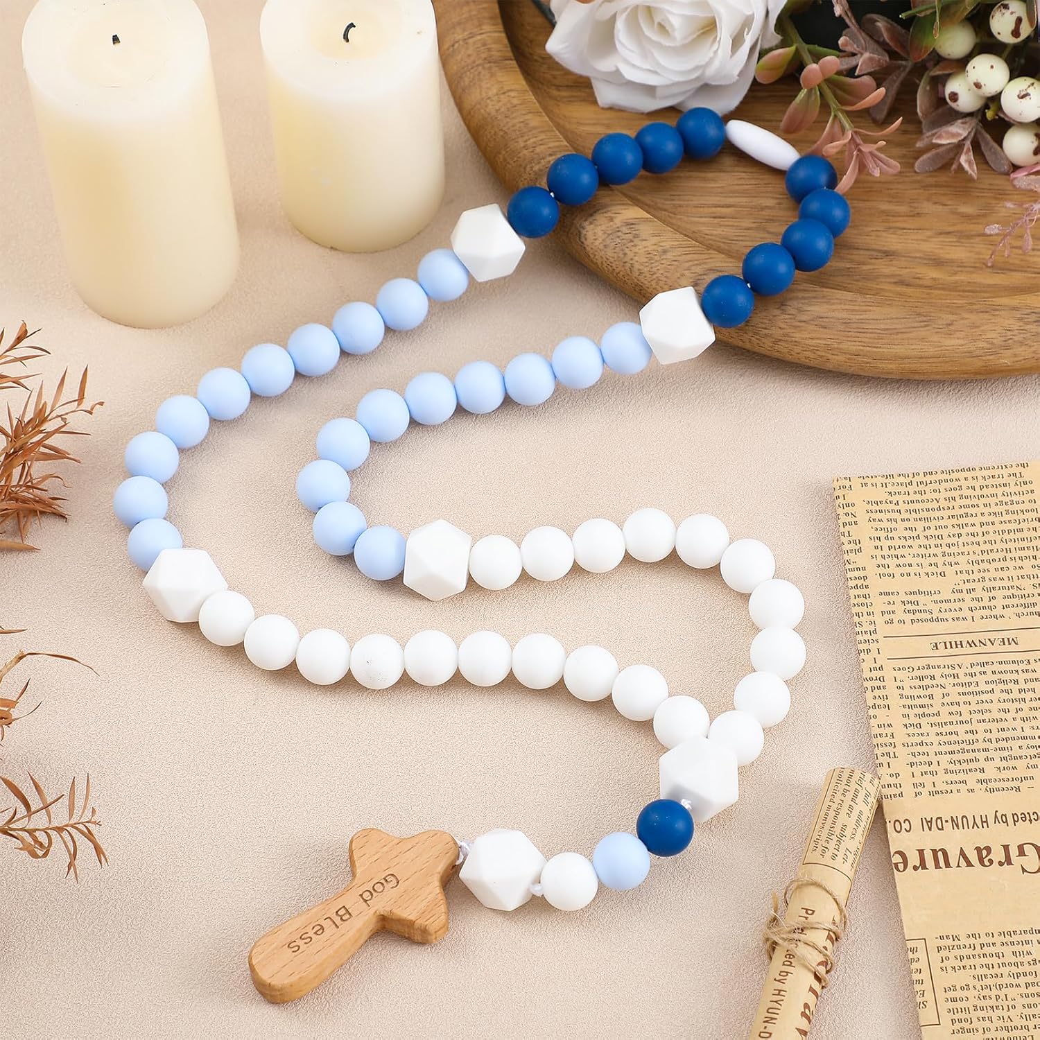 Misdary Blue Cross Baptism Silicone Rosary Gift
