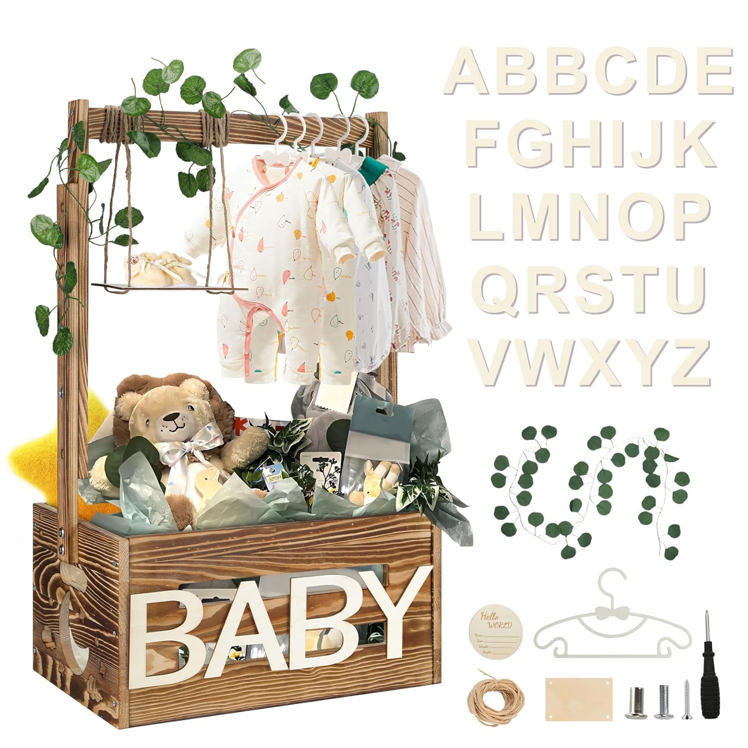 TAEYONK Wooden Baby Shower Crate with Hanger Rack and Handle