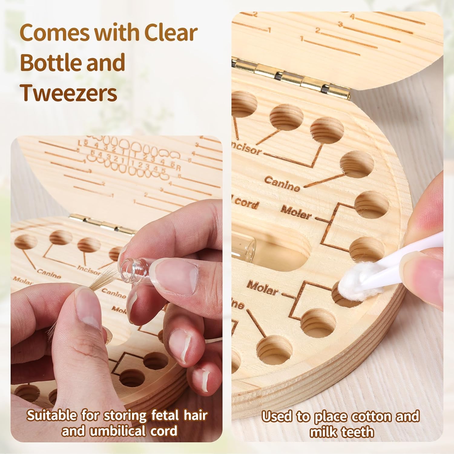 Annhua Wooden Baby Teeth Keepsake Box with Tweezer and Fetal Hair Container