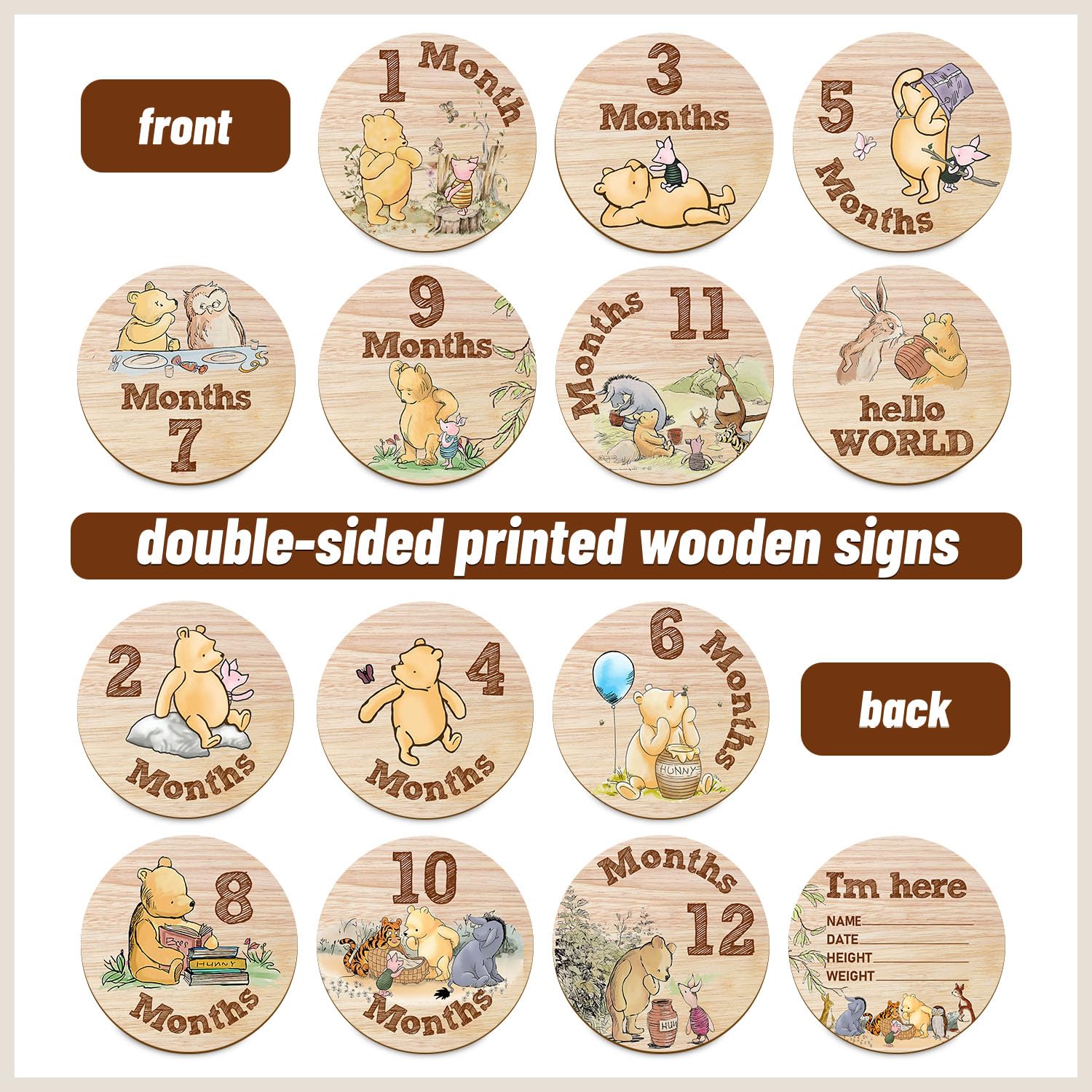 Hatzelou 7Pcs Baby Milestone Circles Winnie The Pooh Wooden Keepsakes