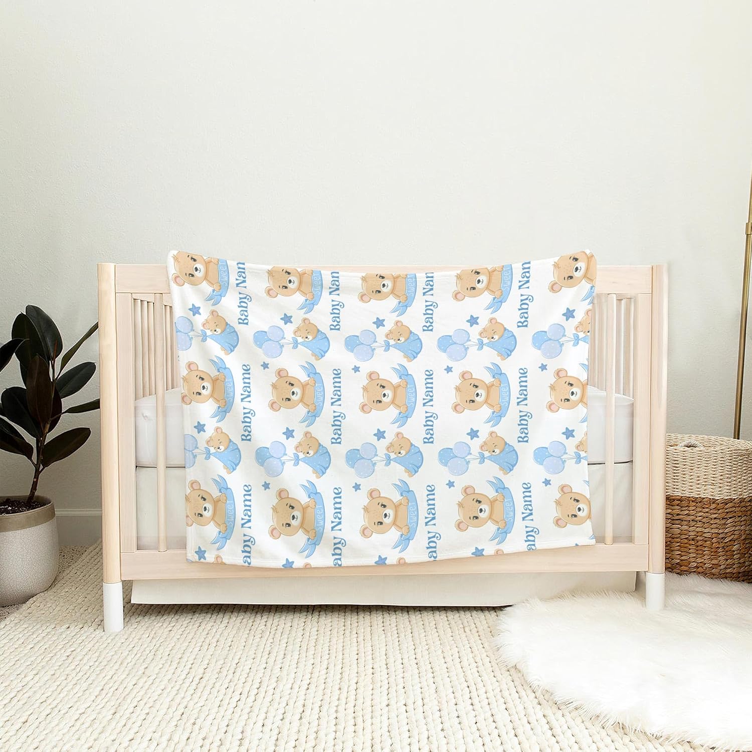 Personalized Bear Baby Blanket with Blue Balloons 1