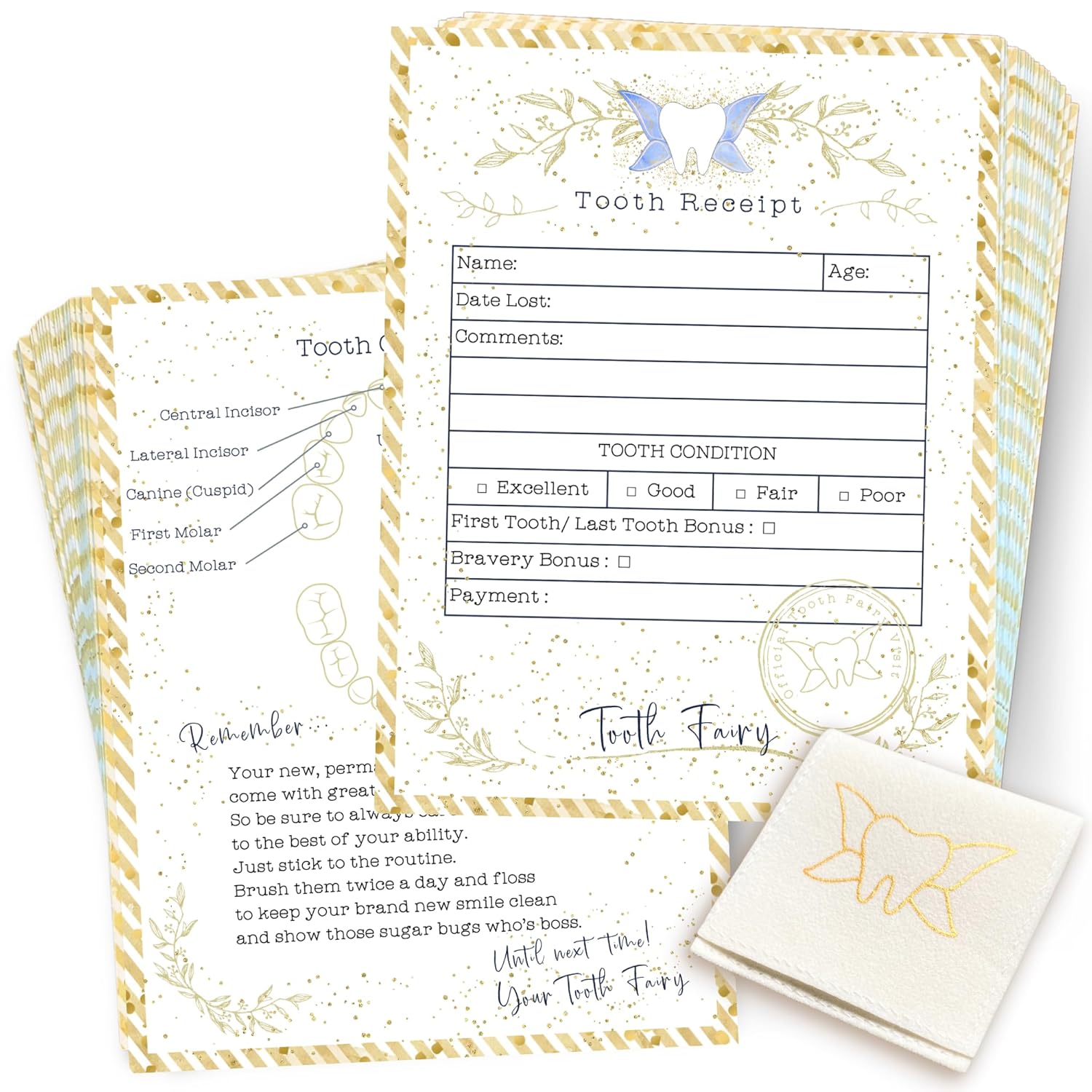 20 Tooth Fairy Receipt Cards Light Gold Bag