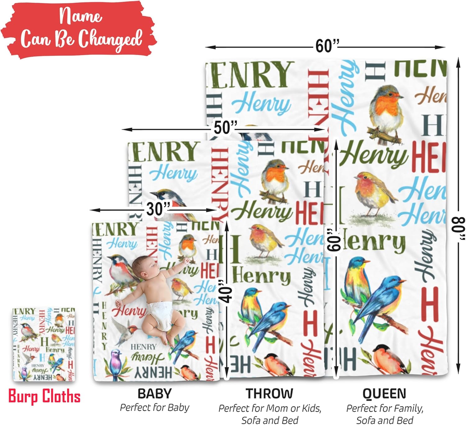 VibeCustom Personalized Bird Baby Blanket with Name