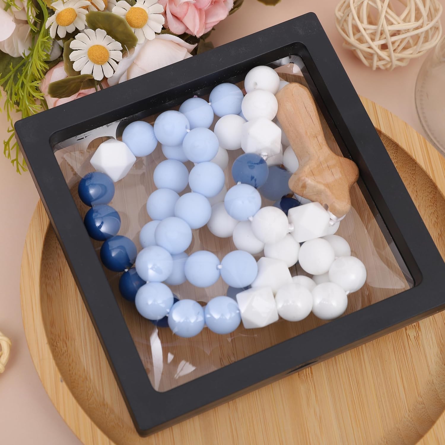 YOUAME Baptism Silicone Rosary with Wood Cross