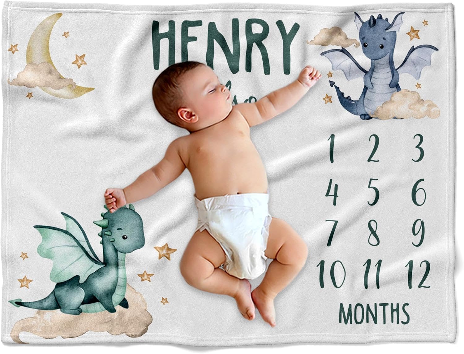 Personalized Dragon and Clouds Baby Blanket with Custom Name