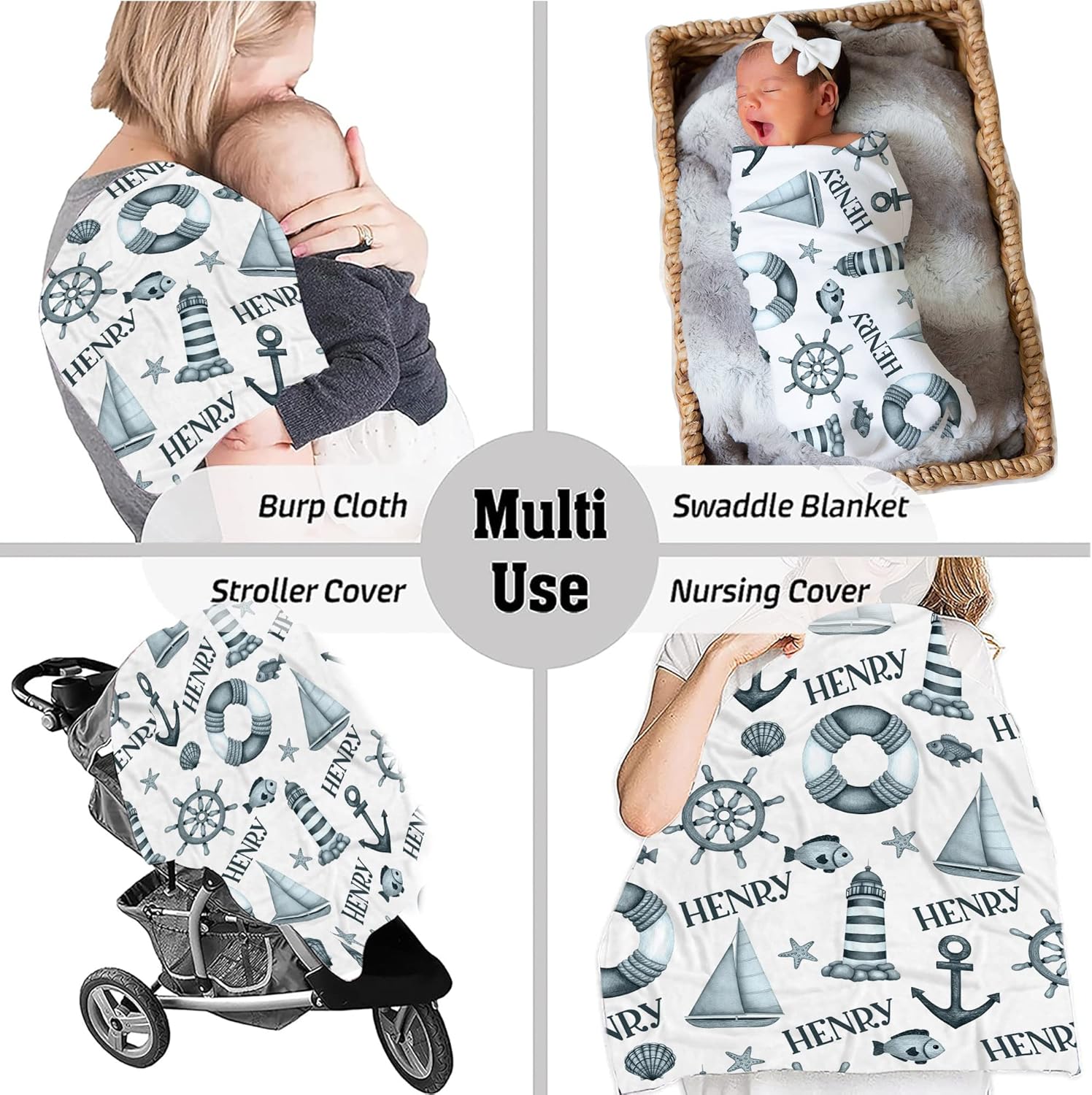 Personalized Nautical Baby Blanket with Custom Name