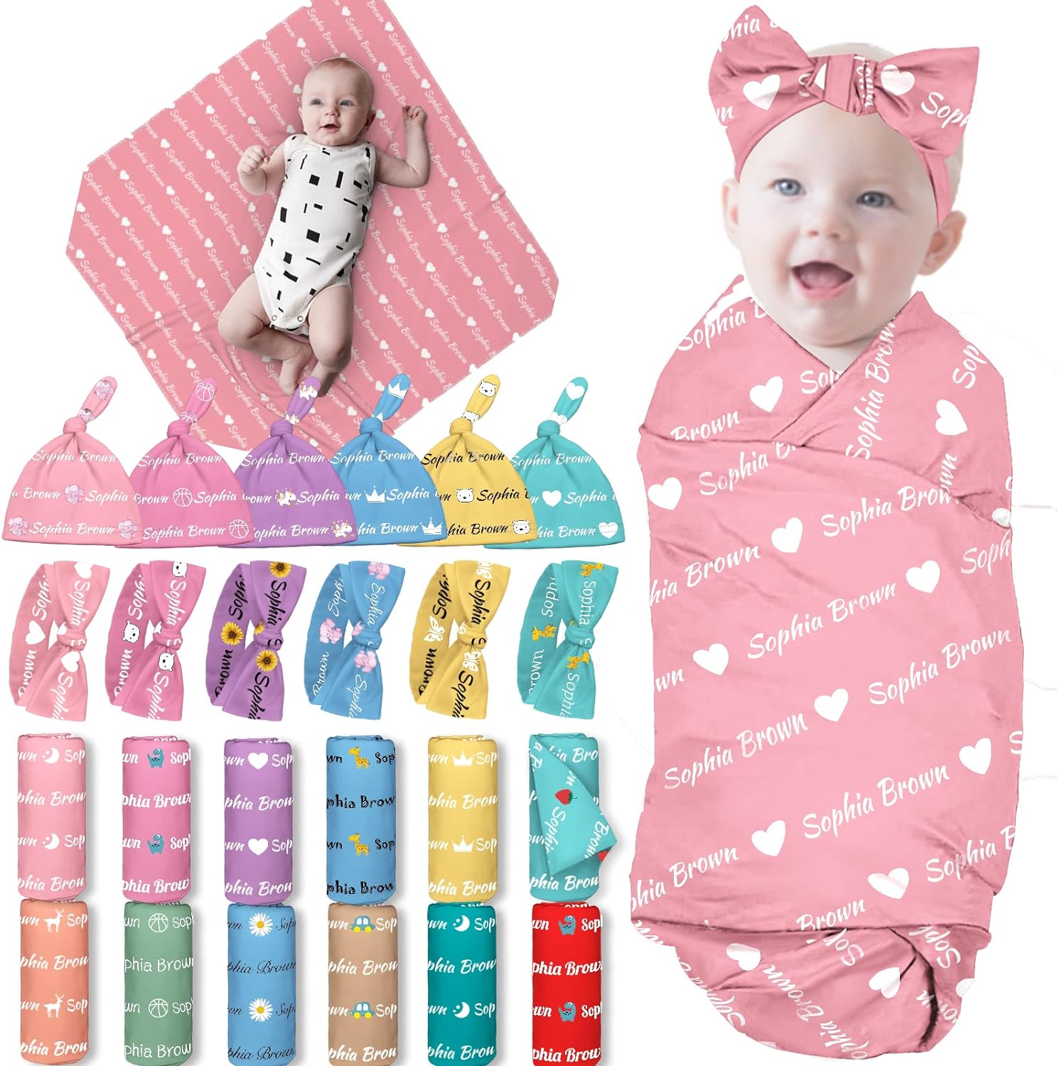 Personalized Swaddle Blanket with Bow Set for Baby Girl or Boy