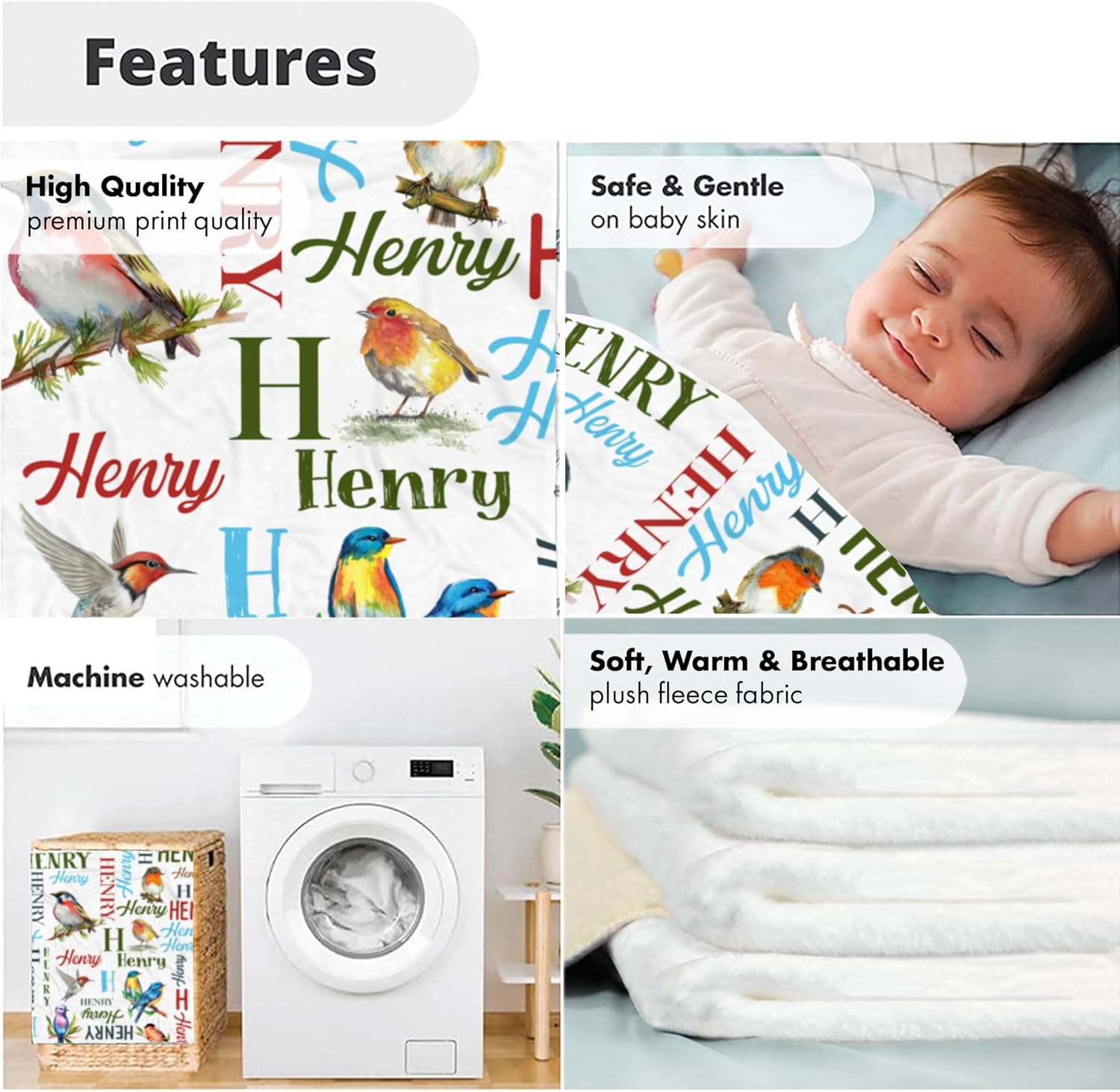 VibeCustom Personalized Bird Baby Blanket with Name